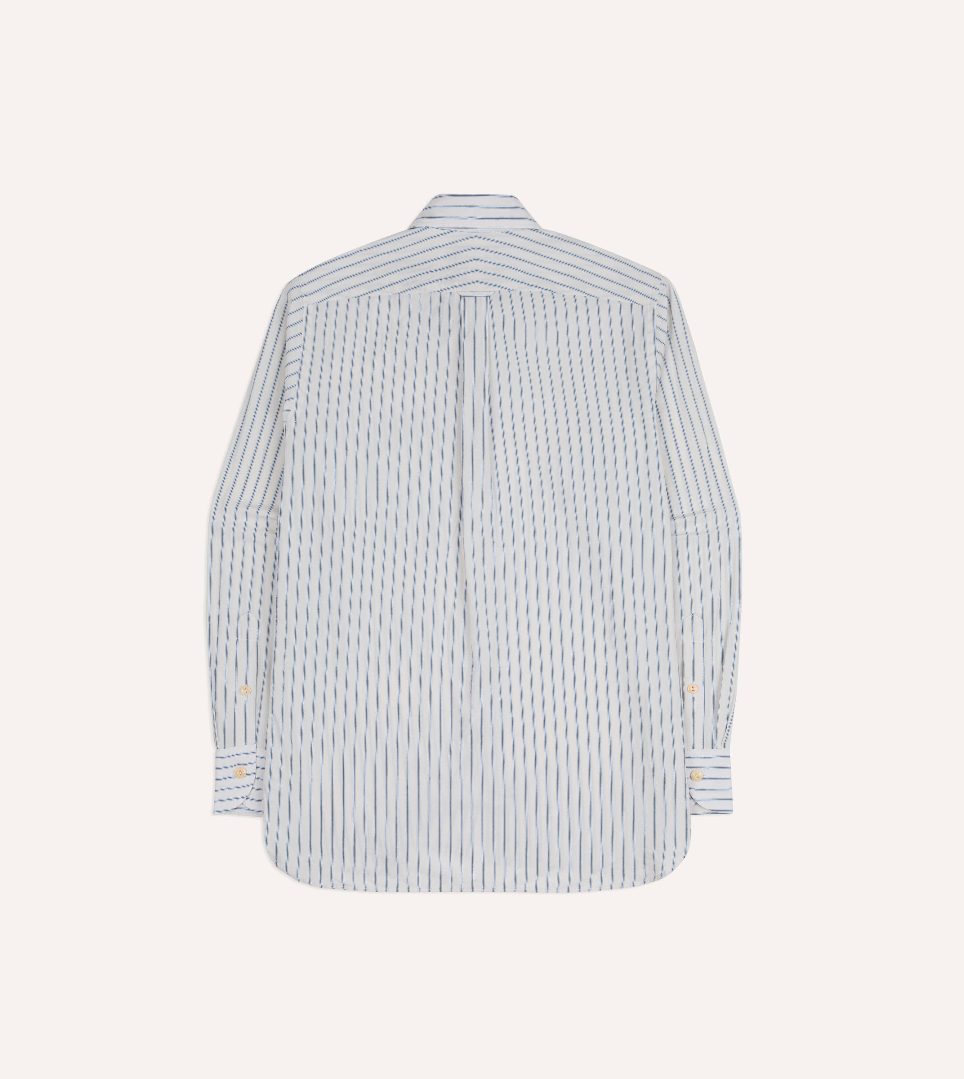 White and Blue Stripe Linen-Cotton Long Point Collar Shirt