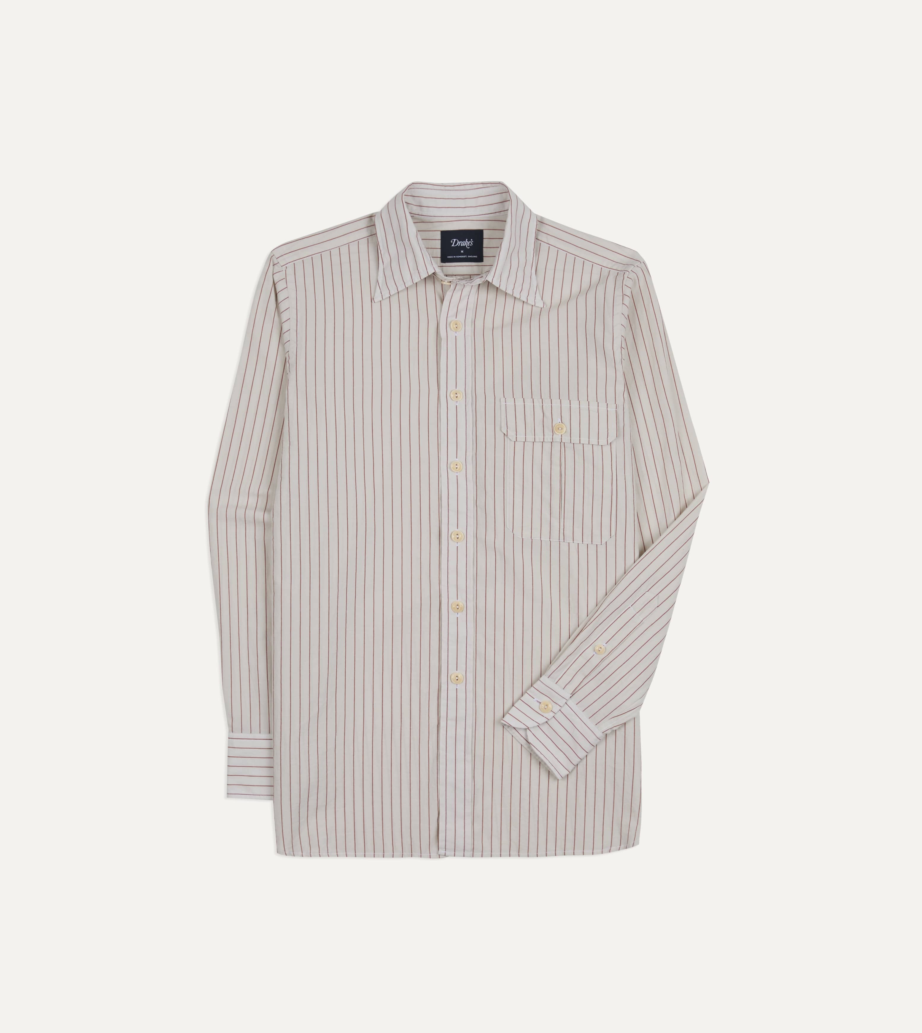 Ecru and Red Pencil Stripe Linen-Cotton Long Point Collar Shirt