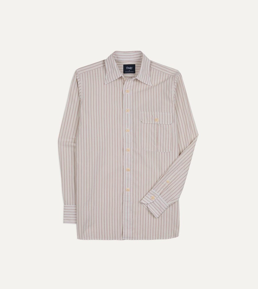 Ecru and Red Pencil Stripe Linen-Cotton Long Point Collar Shirt