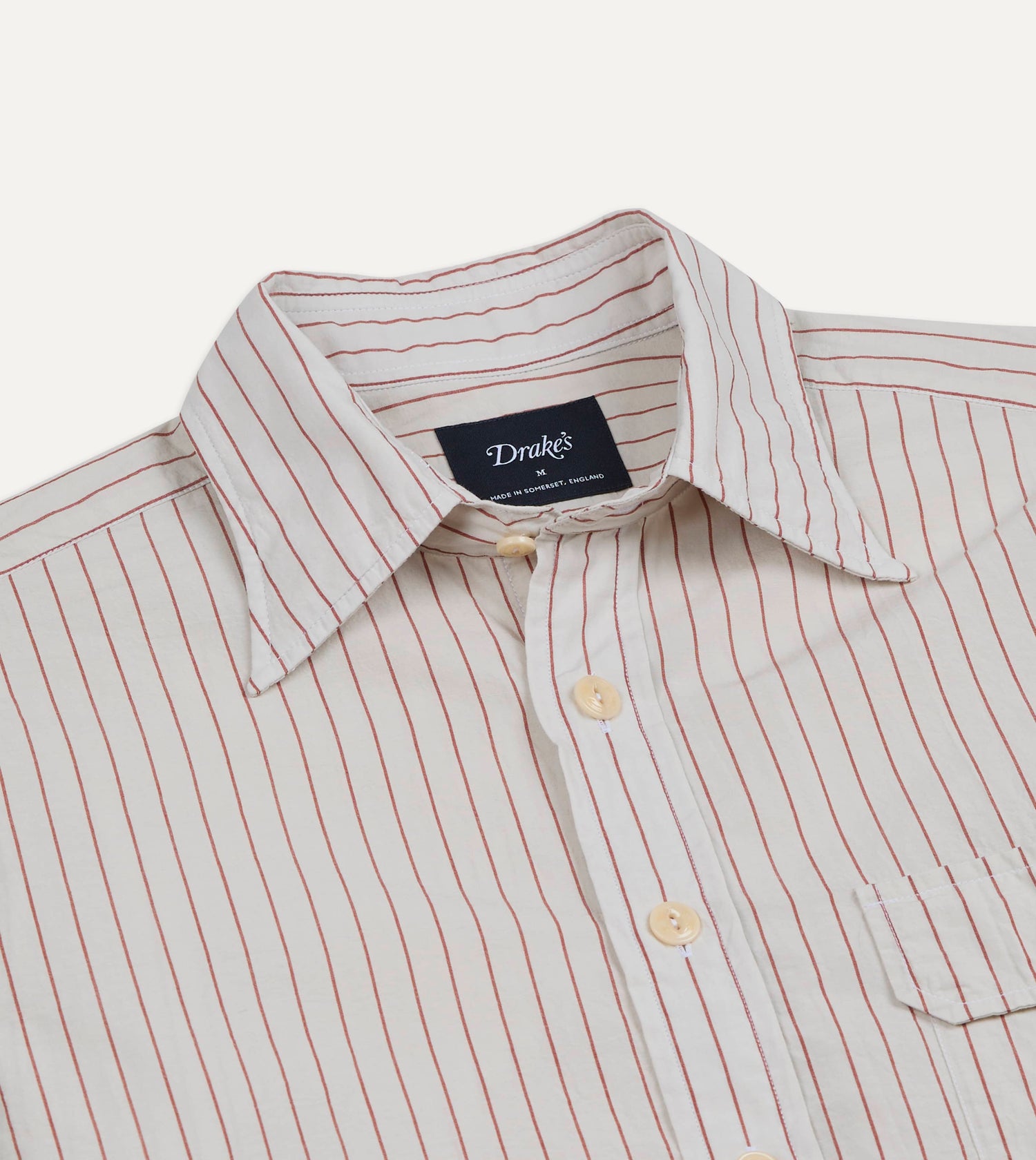 Ecru and Red Pencil Stripe Linen-Cotton Long Point Collar Shirt