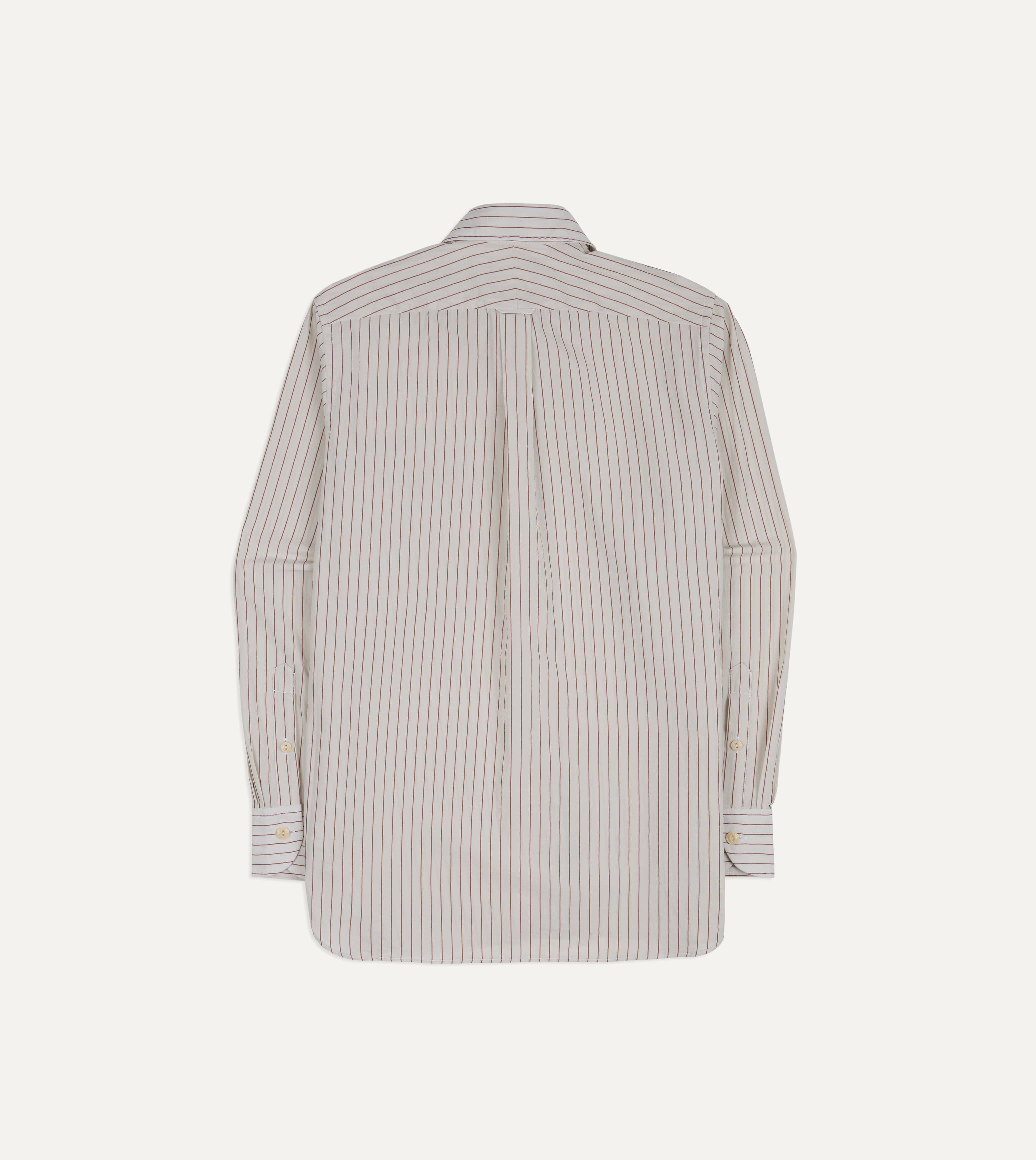 Ecru and Red Pencil Stripe Linen-Cotton Long Point Collar Shirt