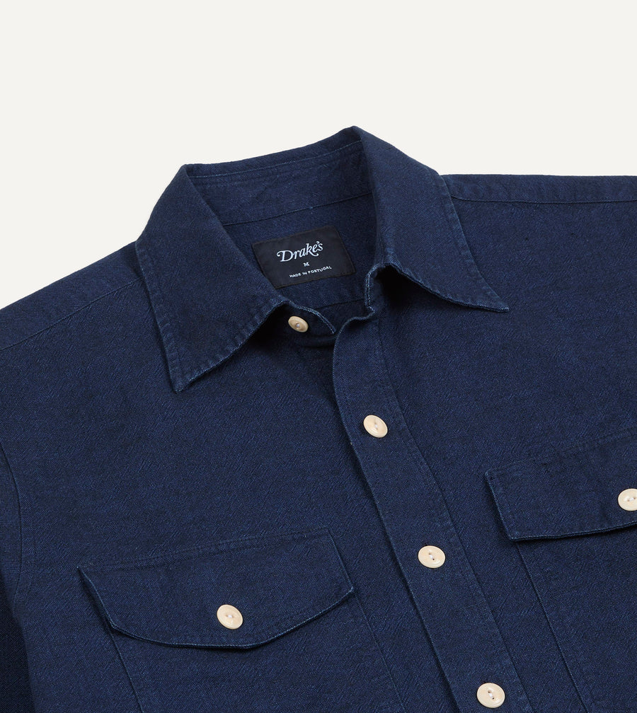 Indigo Cotton Long Point Collar Work Shirt