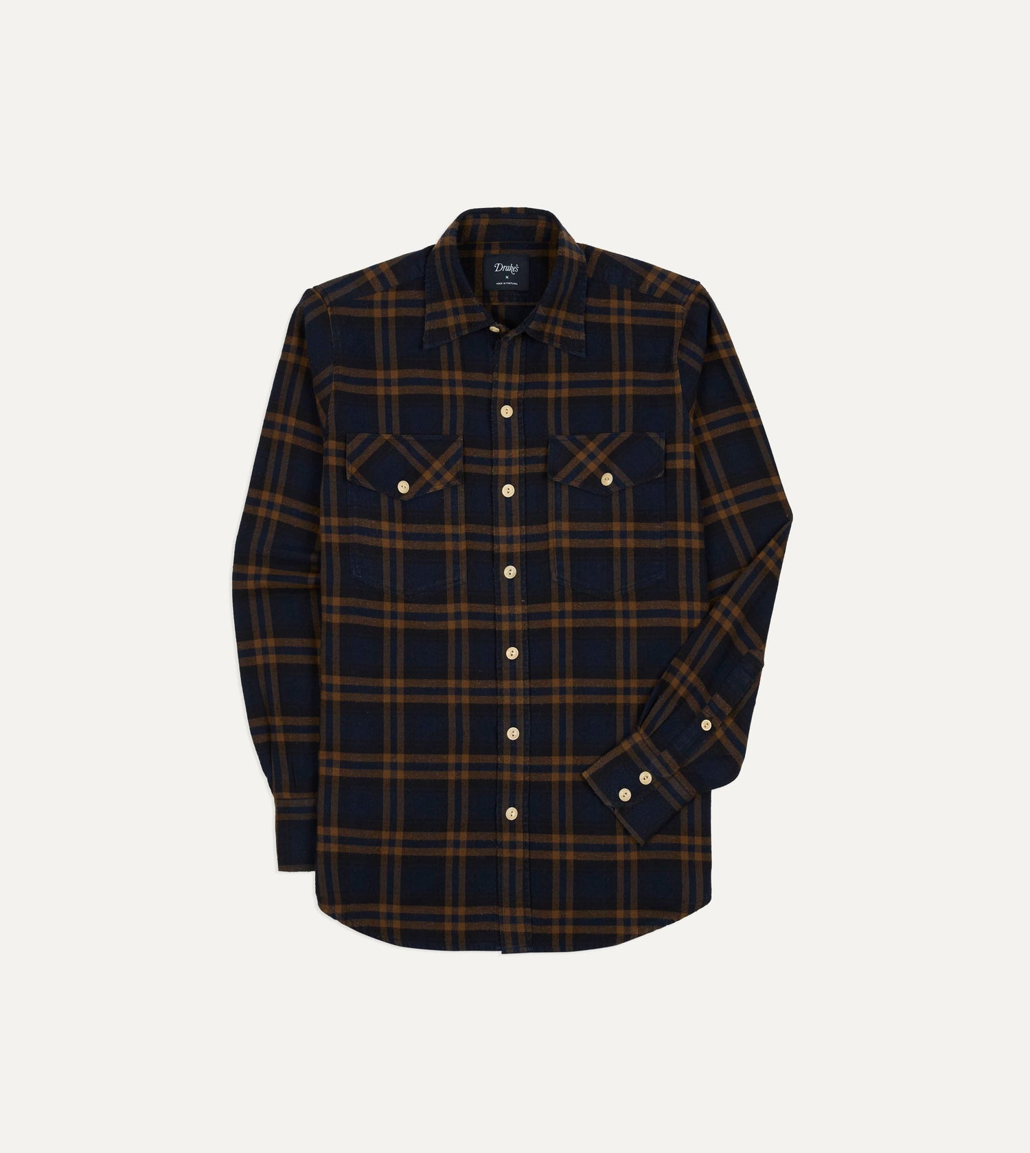 Navy and Brown Check Cotton-Silk Two-Pocket Long Point Collar Work Shirt