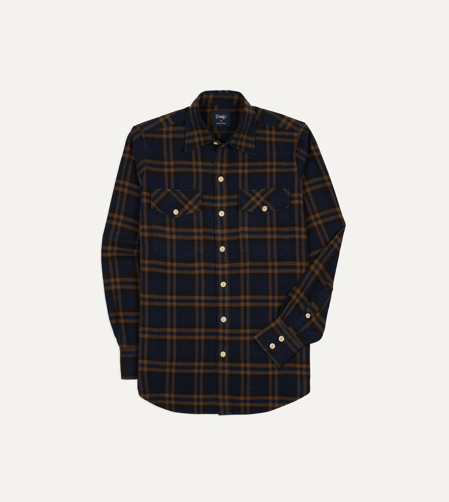 Navy and Brown Check Cotton-Silk Two-Pocket Long Point Collar Work Shirt