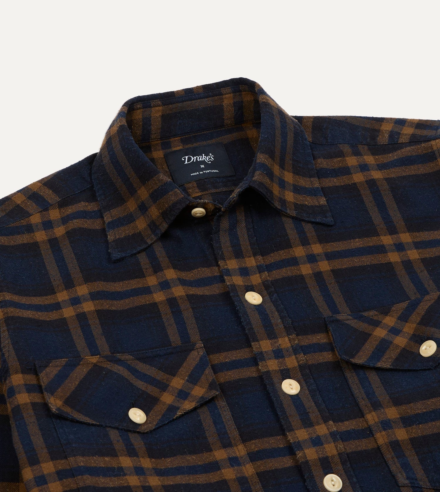 Navy and Brown Check Cotton-Silk Two-Pocket Long Point Collar Work Shirt