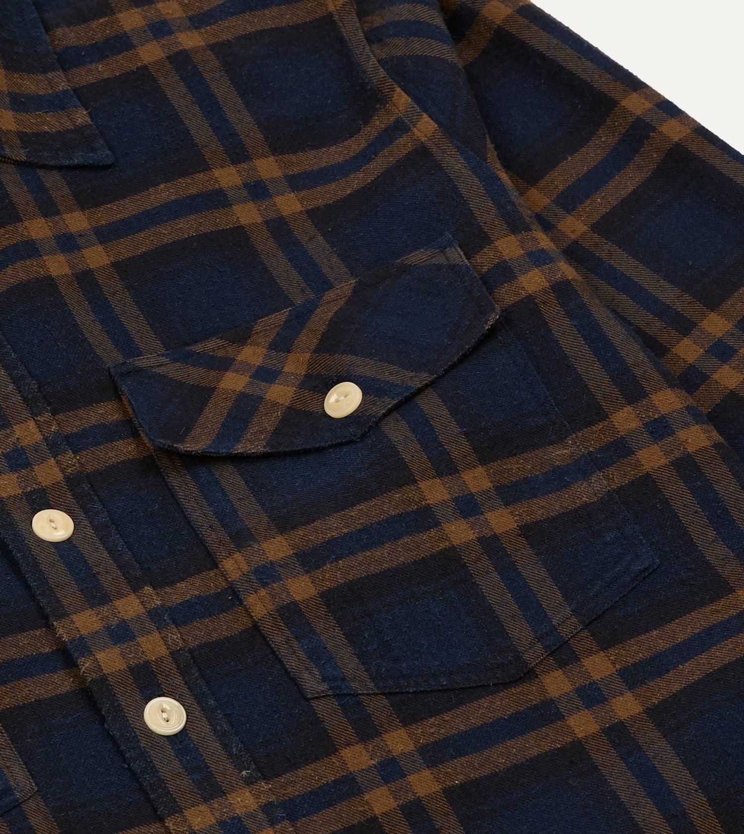 Navy and Brown Check Cotton-Silk Two-Pocket Long Point Collar Work Shirt
