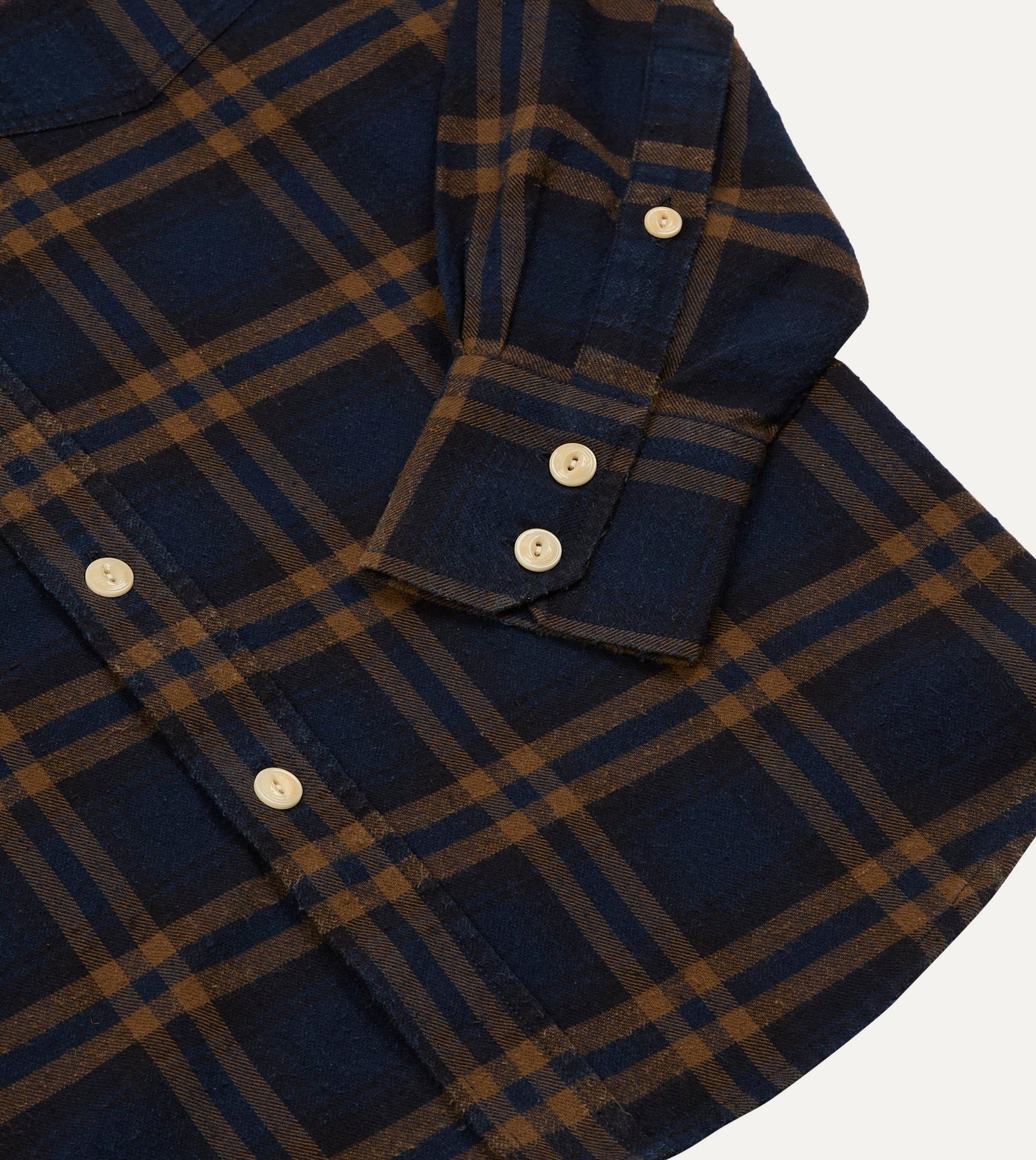 Navy and Brown Check Cotton-Silk Two-Pocket Long Point Collar Work Shirt