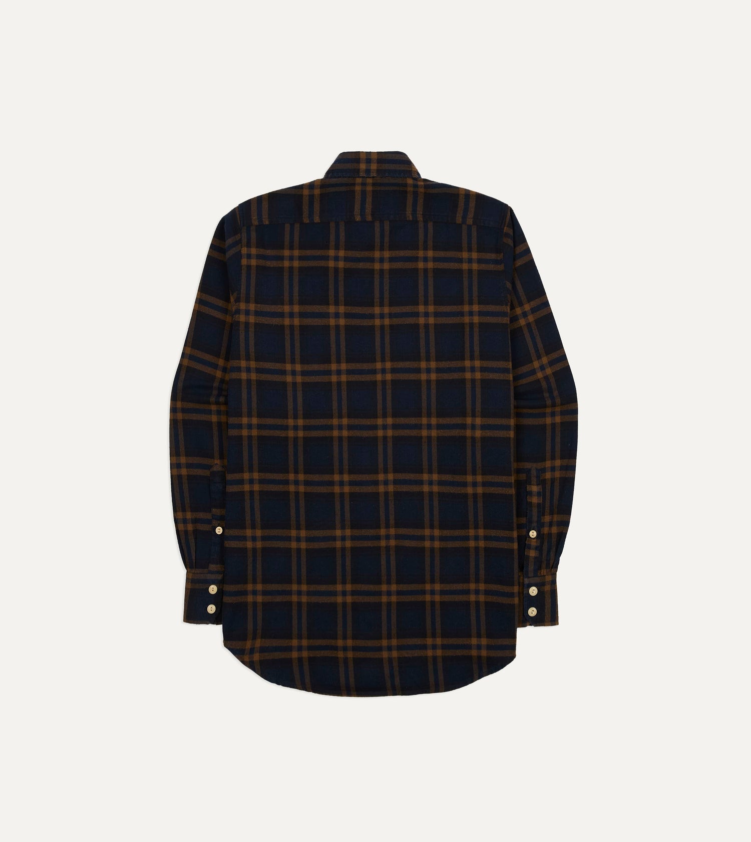 Navy and Brown Check Cotton-Silk Two-Pocket Long Point Collar Work Shirt