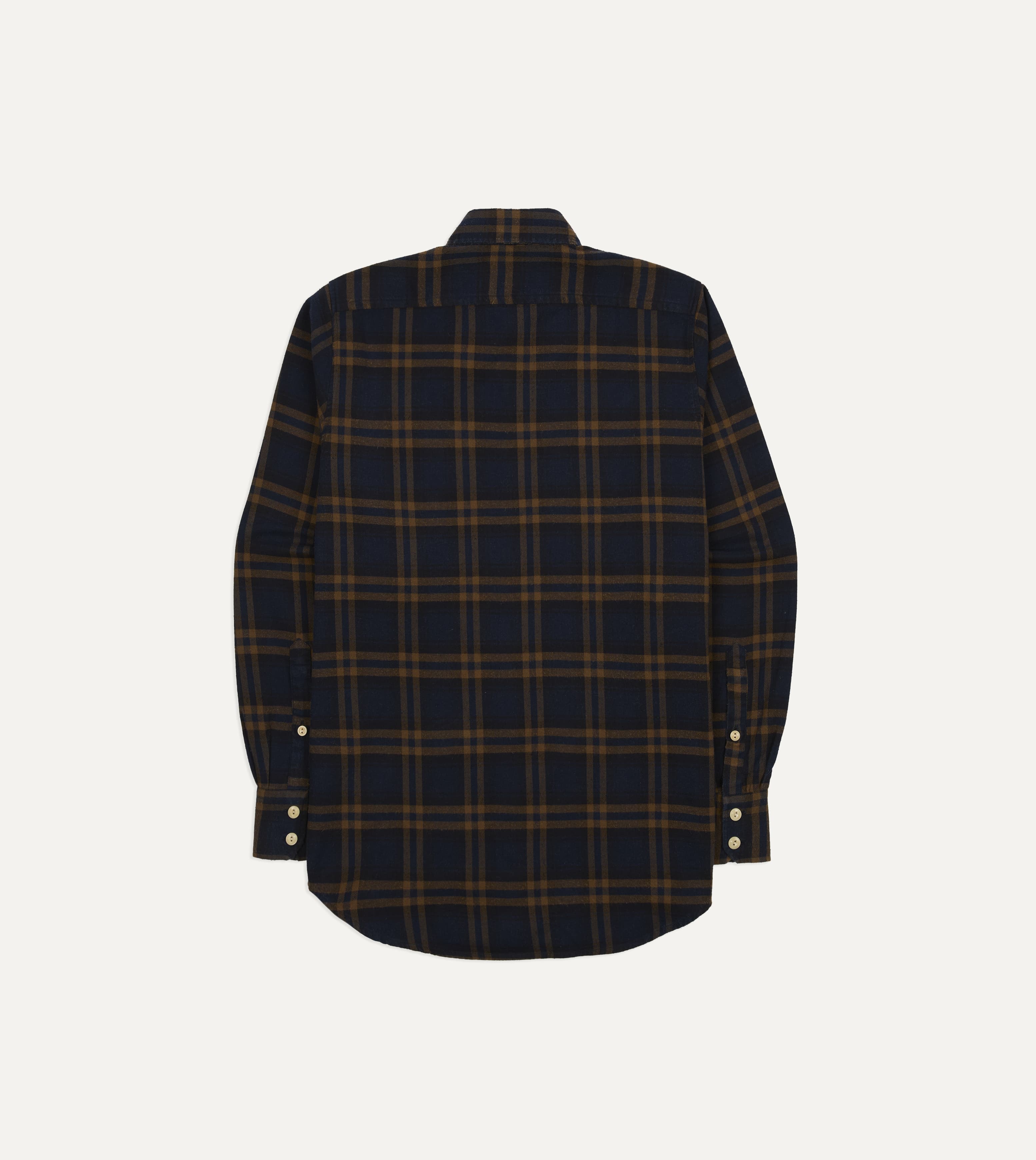 Navy and Brown Check Cotton-Silk Two-Pocket Long Point Collar Work Shirt