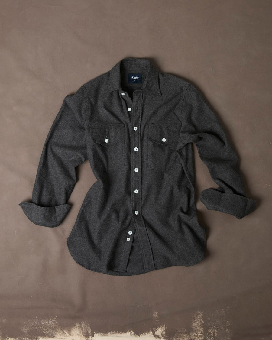 Grey Cotton Two-Pocket Long Point Collar Work Shirt