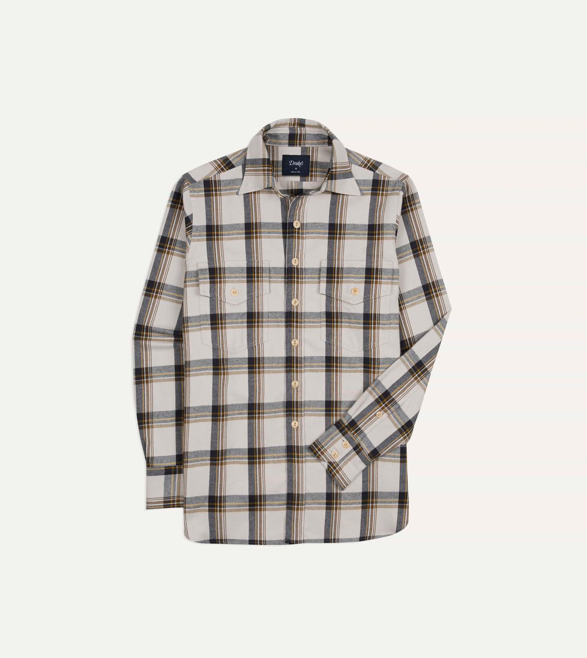 Ecru, Brown and Navy Check Cotton Two-Pocket Long Point Collar Work Shirt