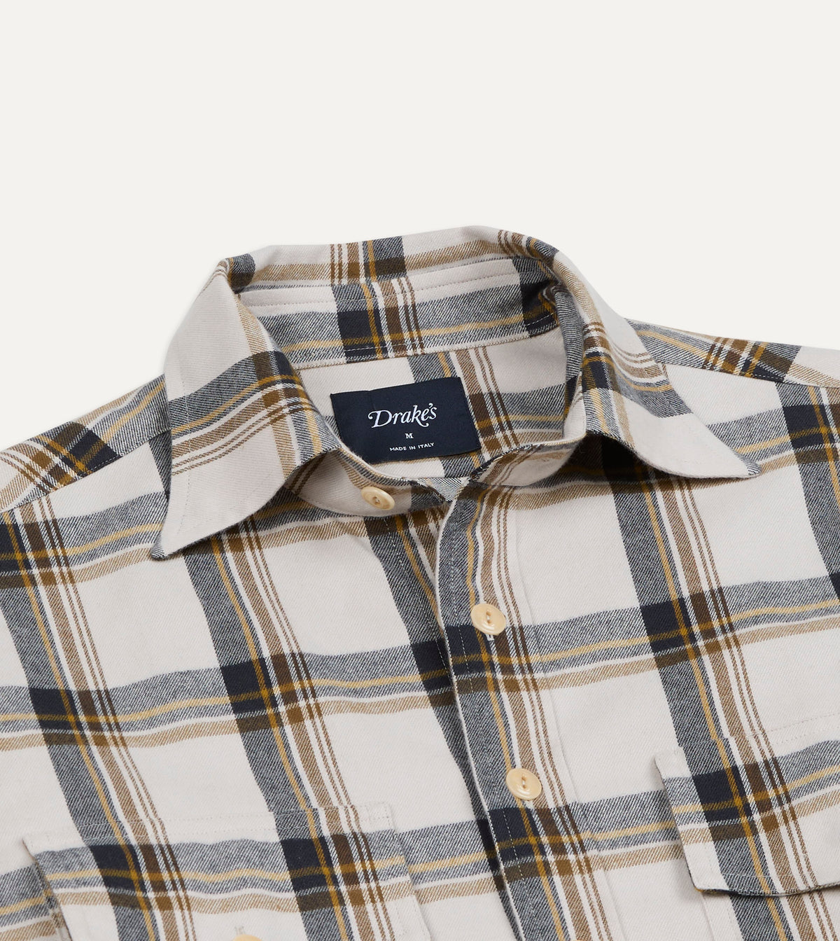 Ecru, Brown and Navy Check Cotton Two-Pocket Long Point Collar Work Shirt