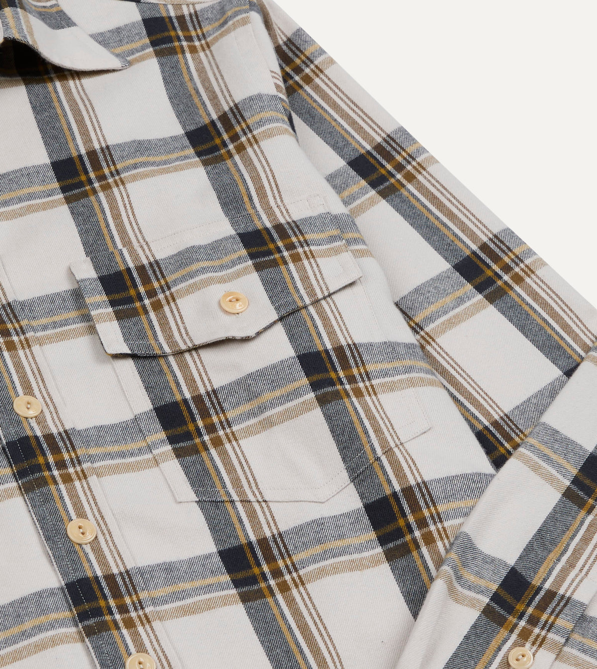 Ecru, Brown and Navy Check Cotton Two-Pocket Long Point Collar Work Shirt