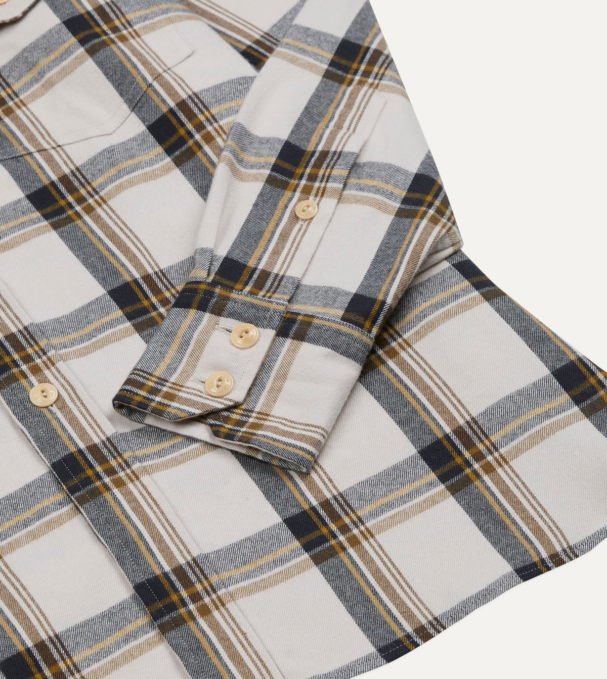 Ecru, Brown and Navy Check Cotton Two-Pocket Long Point Collar Work Shirt