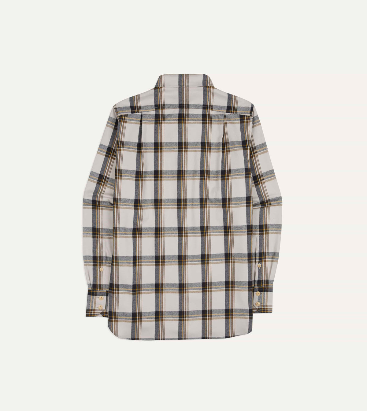 Ecru, Brown and Navy Check Cotton Two-Pocket Long Point Collar Work Shirt