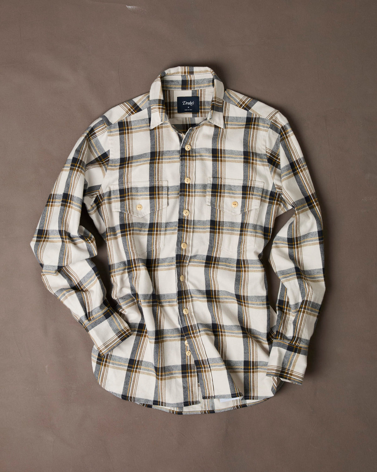 Ecru, Brown and Navy Check Cotton Two-Pocket Long Point Collar Work Shirt