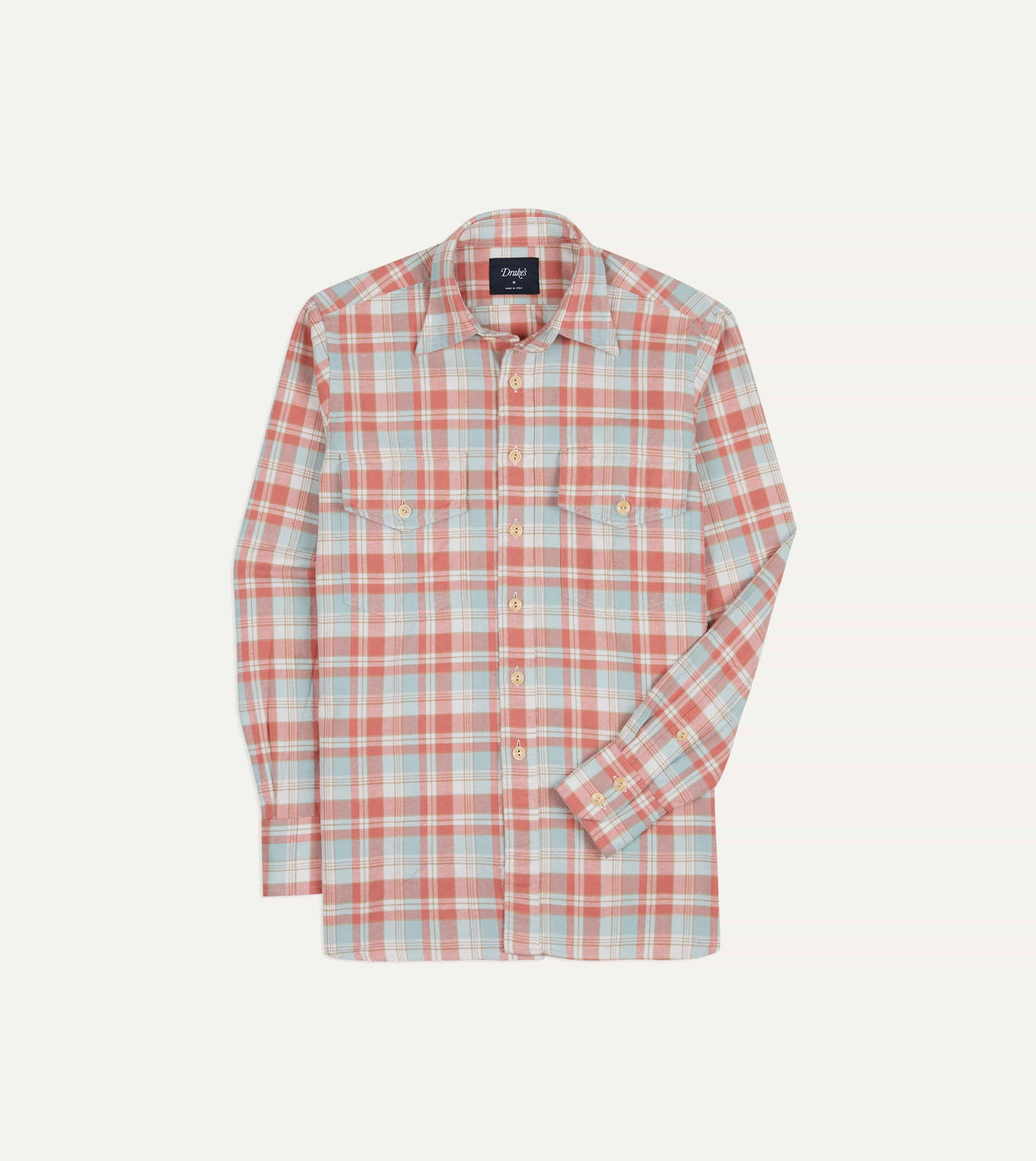 Pink and Blue Check Cotton Two-Pocket Long Point Collar Work Shirt