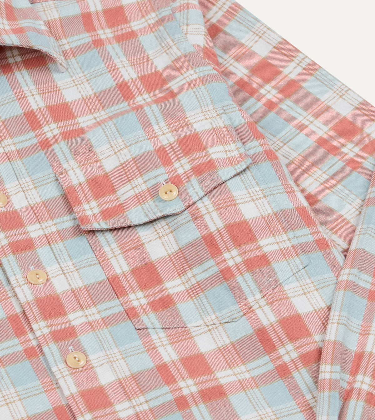 Pink and Blue Check Cotton Two-Pocket Long Point Collar Work Shirt