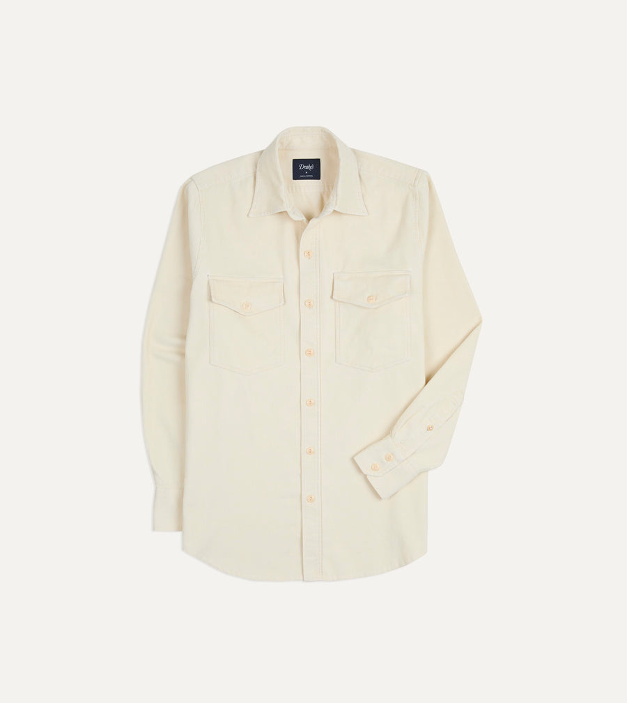Ecru Corduroy Two-Pocket Long Point Collar Work Shirt