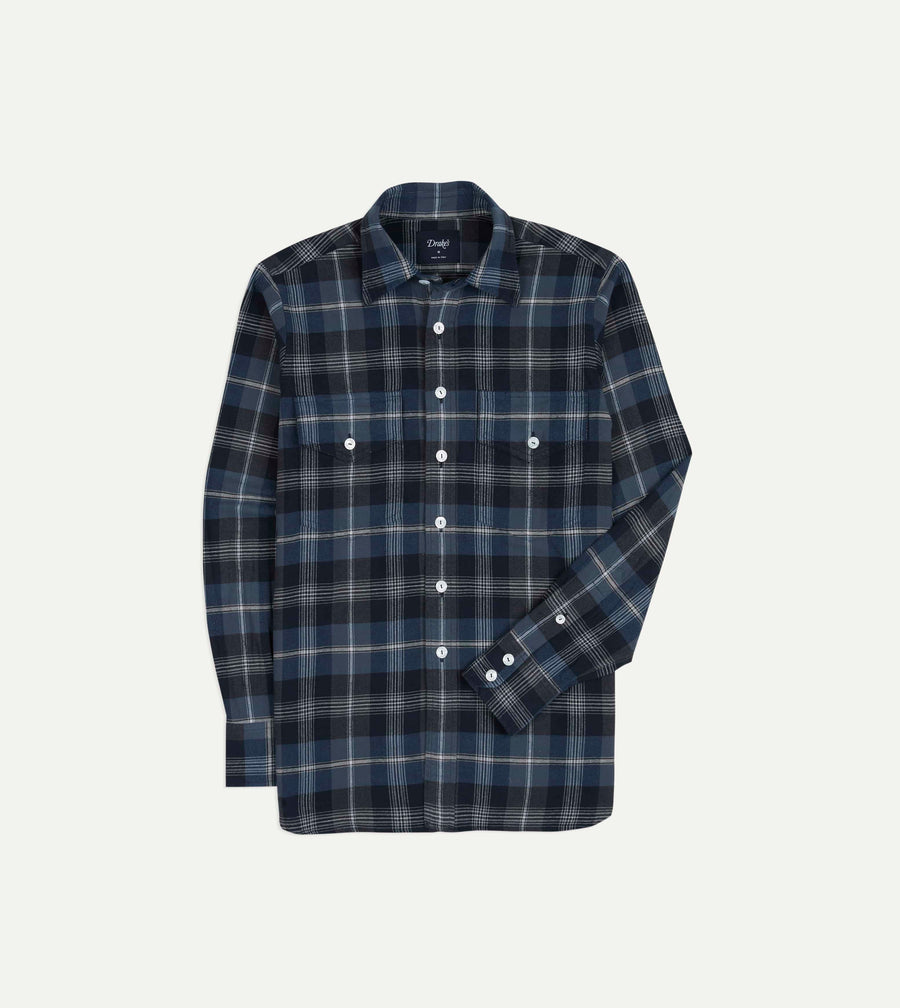 Navy Check Cotton Two-Pocket Long Point Collar Work Shirt