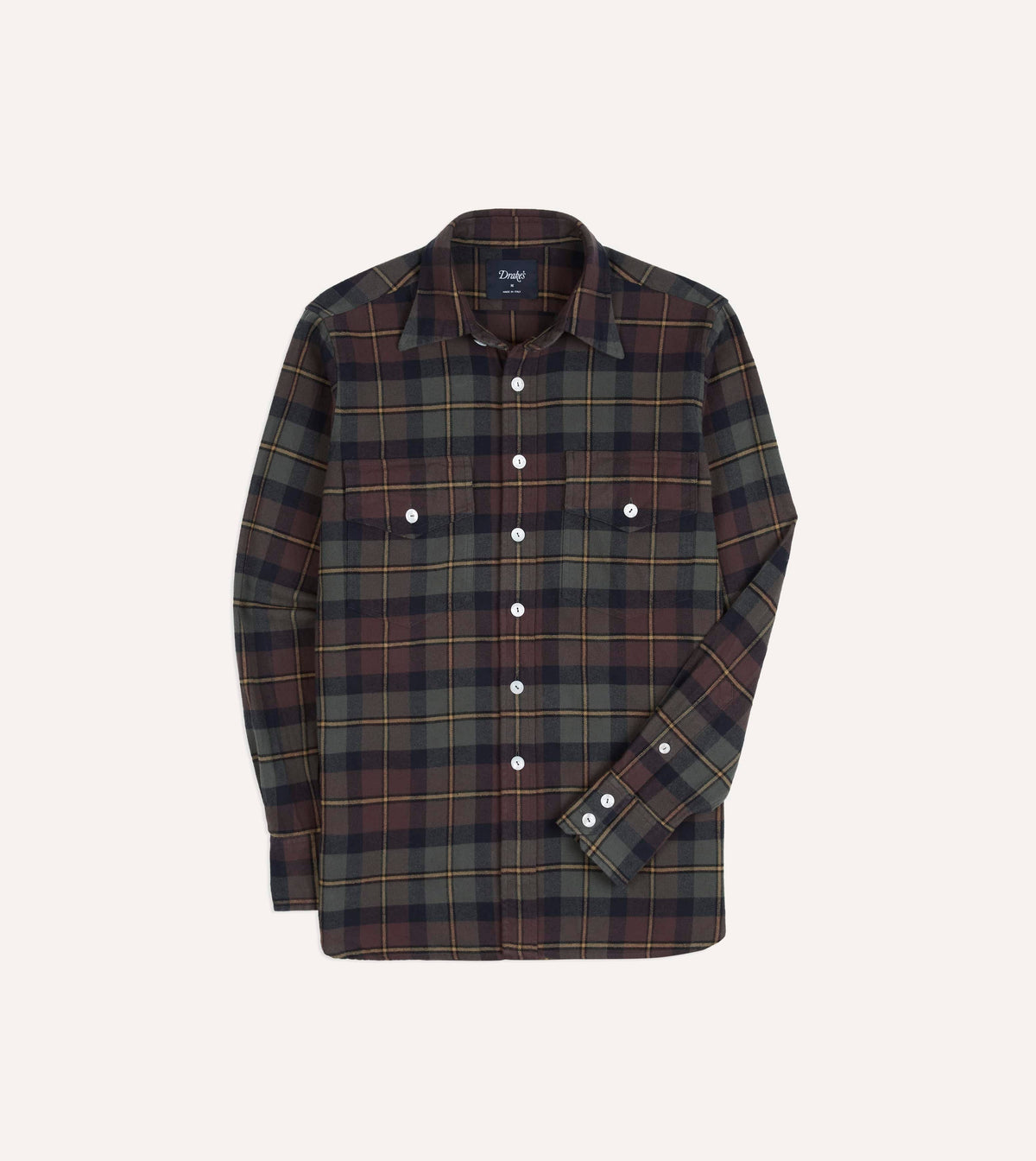 Brown and Green Check Cotton Two-Pocket Long Point Collar Work Shirt