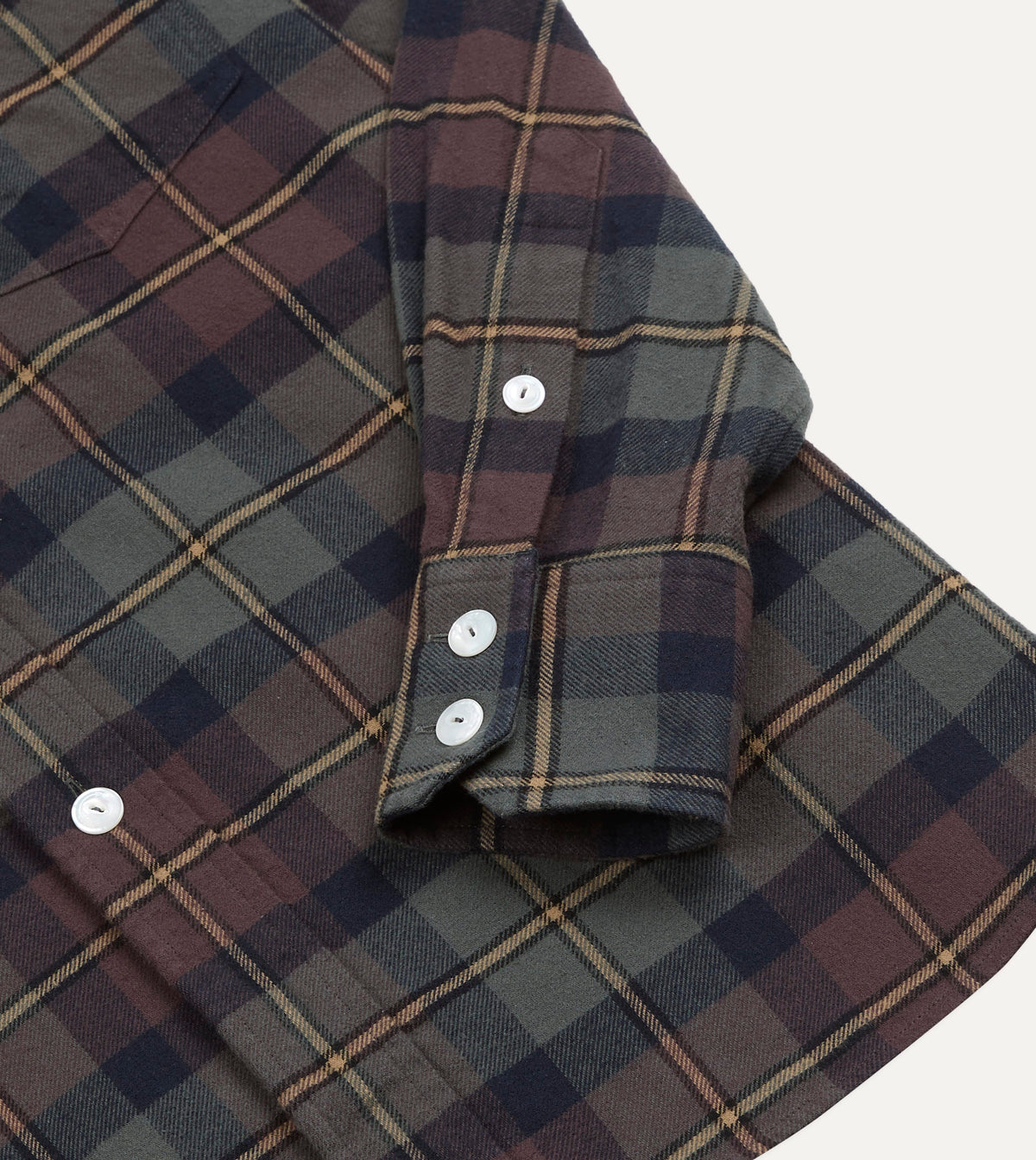 Brown and Green Check Cotton Two-Pocket Long Point Collar Work Shirt