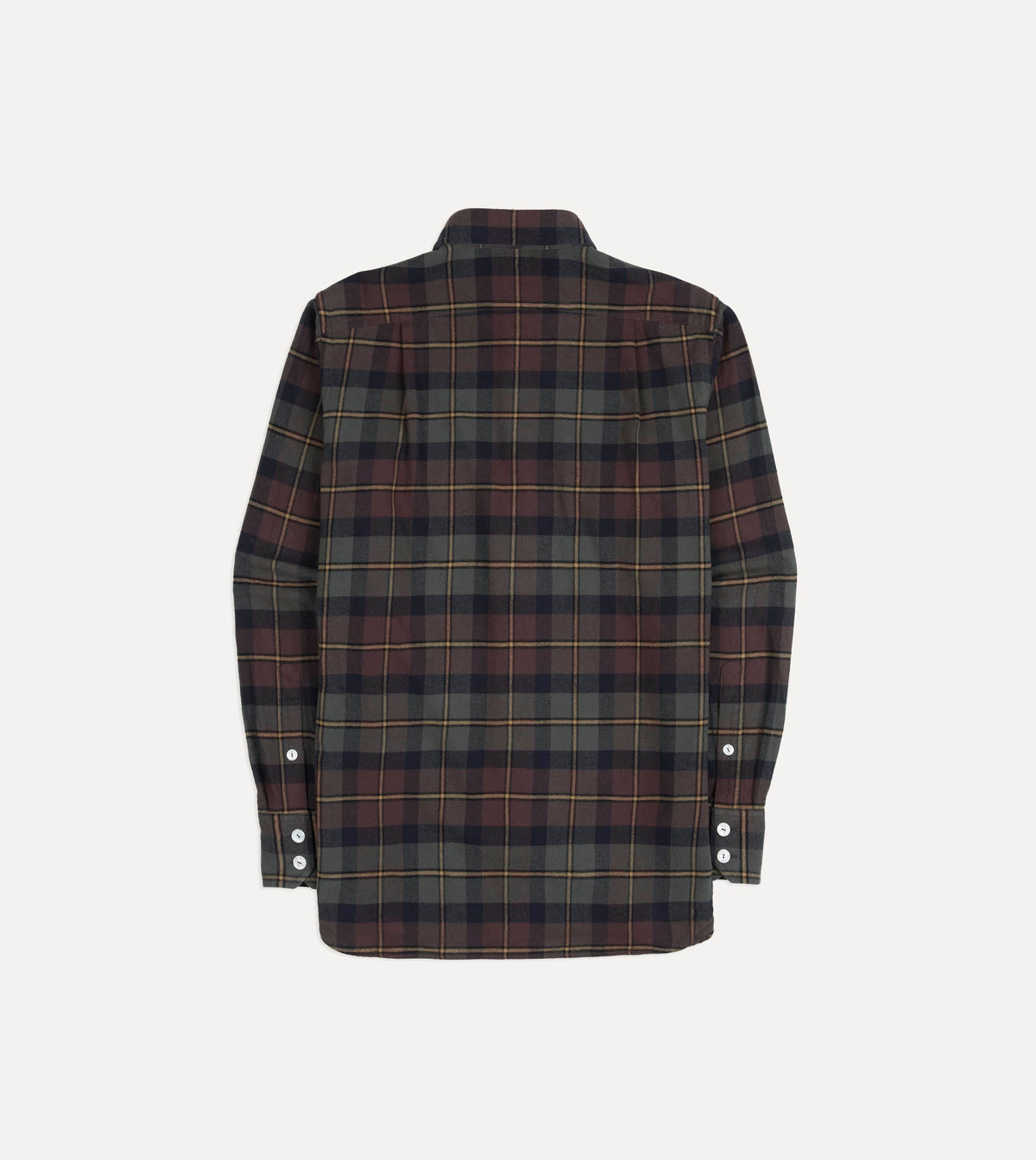 Brown and Green Check Cotton Two-Pocket Long Point Collar Work Shirt