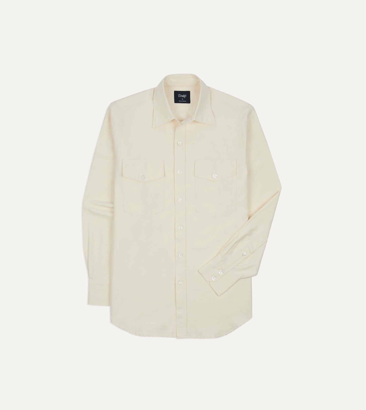 Ecru Cotton-Linen Two-Pocket Long Point Collar Work Shirt