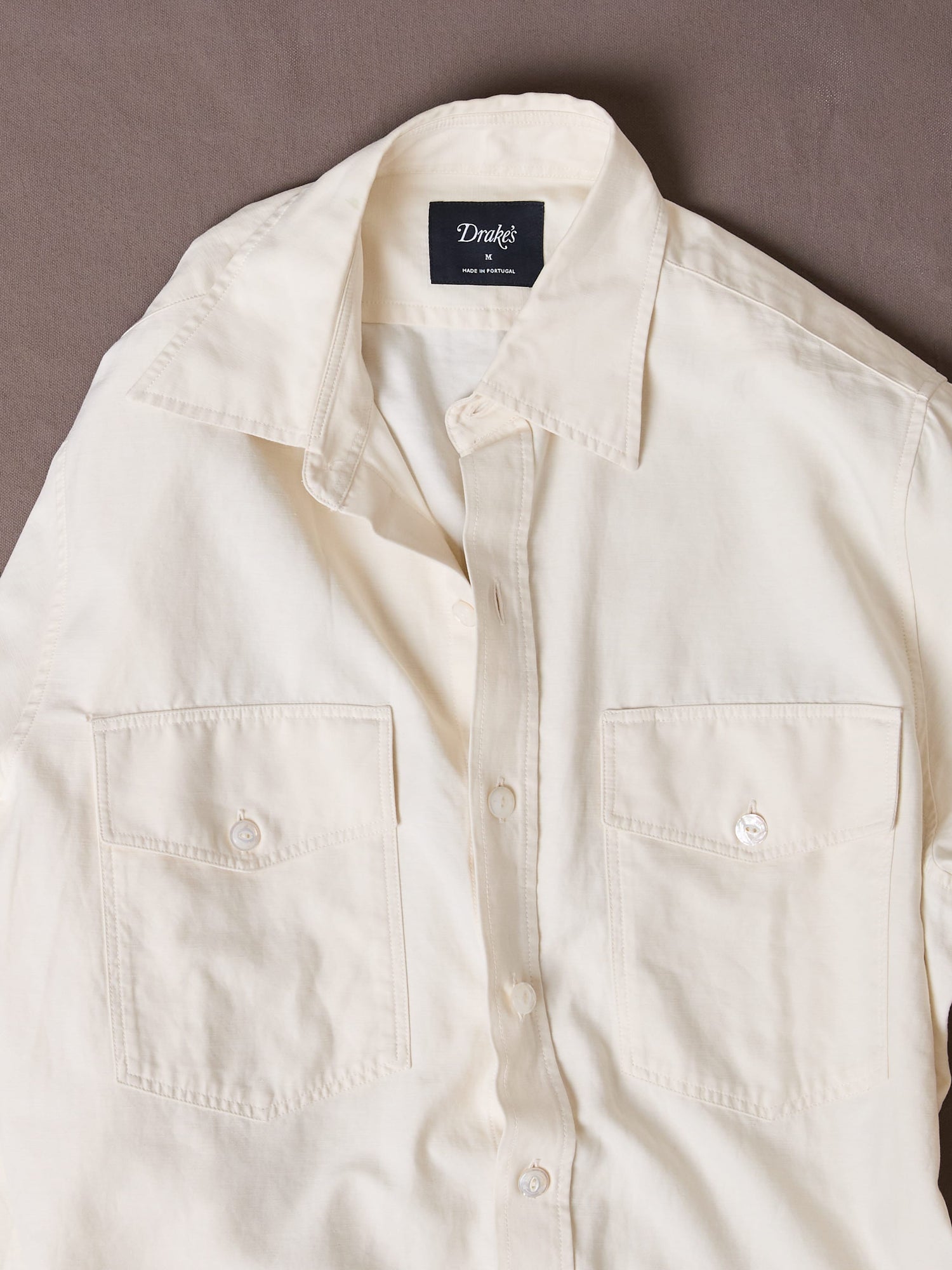 Ecru Cotton-Linen Two-Pocket Long Point Collar Work Shirt
