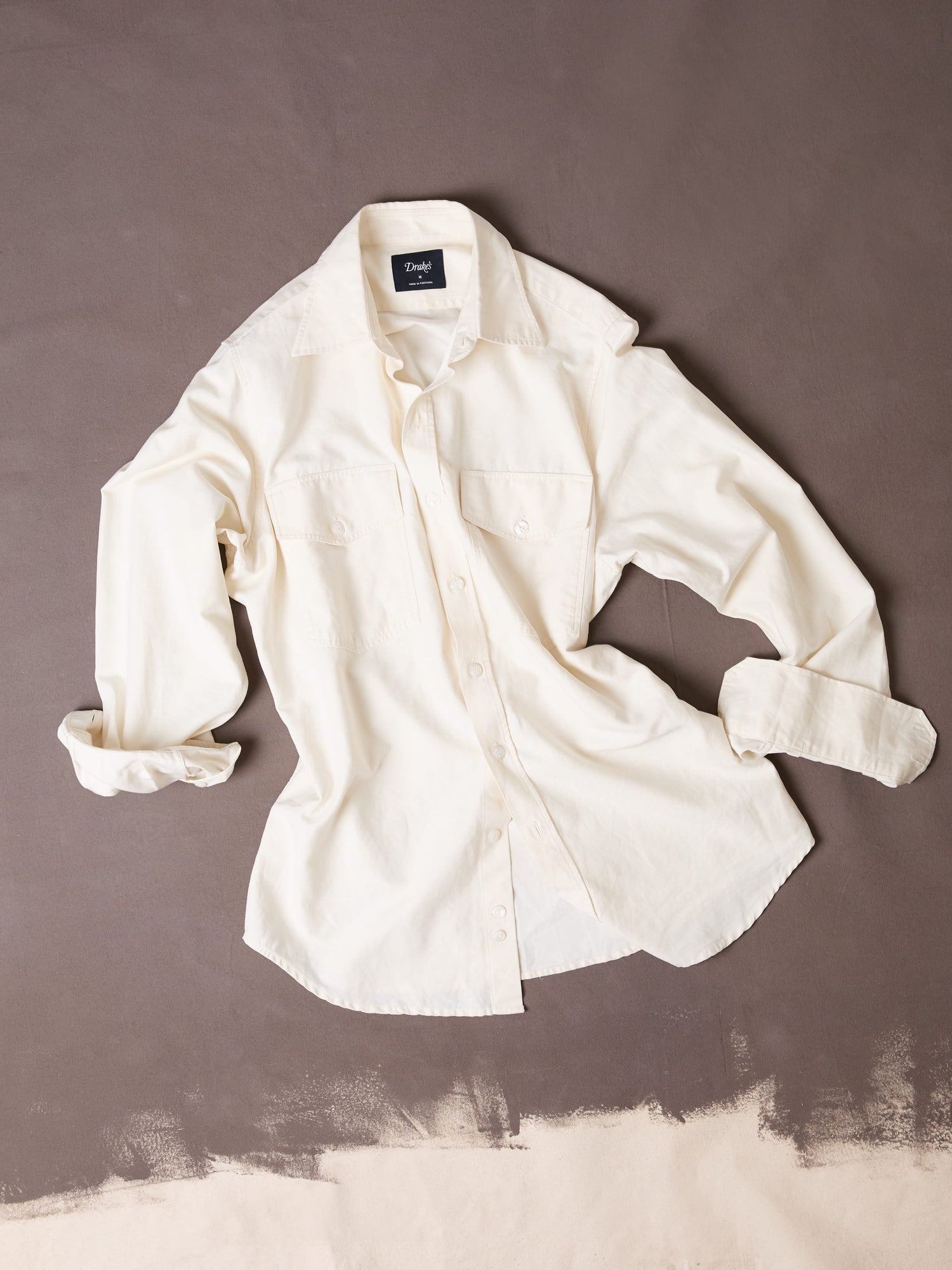 Ecru Cotton-Linen Two-Pocket Long Point Collar Work Shirt