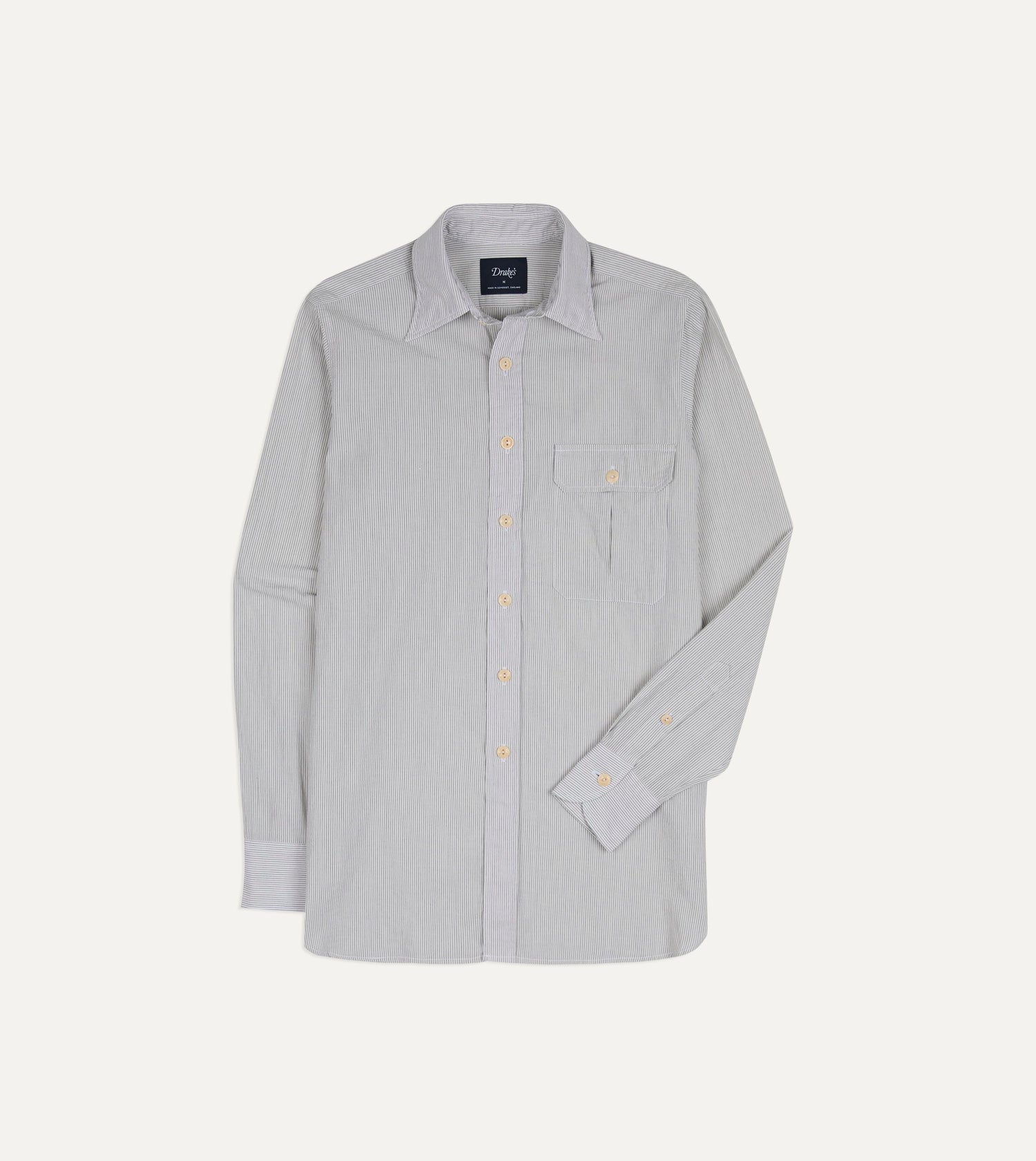 White and Navy Pinstripe Linen-Cotton Long Point Collar Shirt