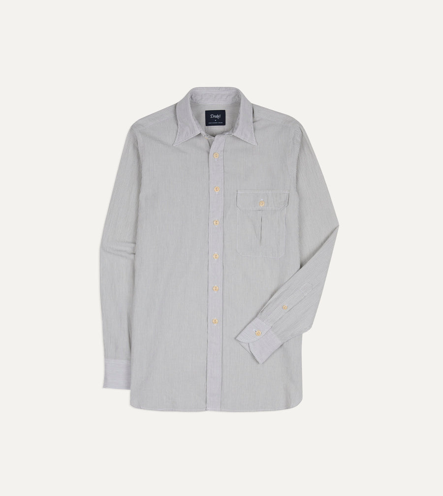 White and Navy Pinstripe Linen-Cotton Long Point Collar Shirt