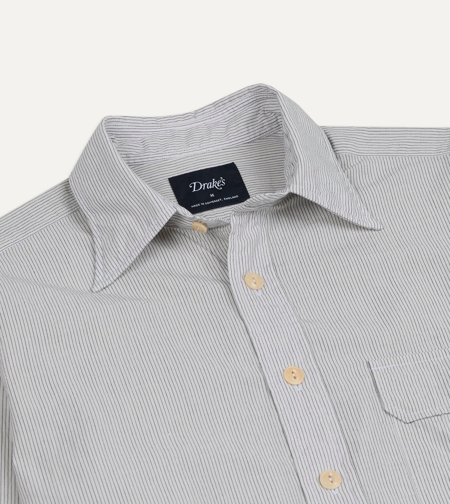 White and Navy Pinstripe Linen-Cotton Long Point Collar Shirt