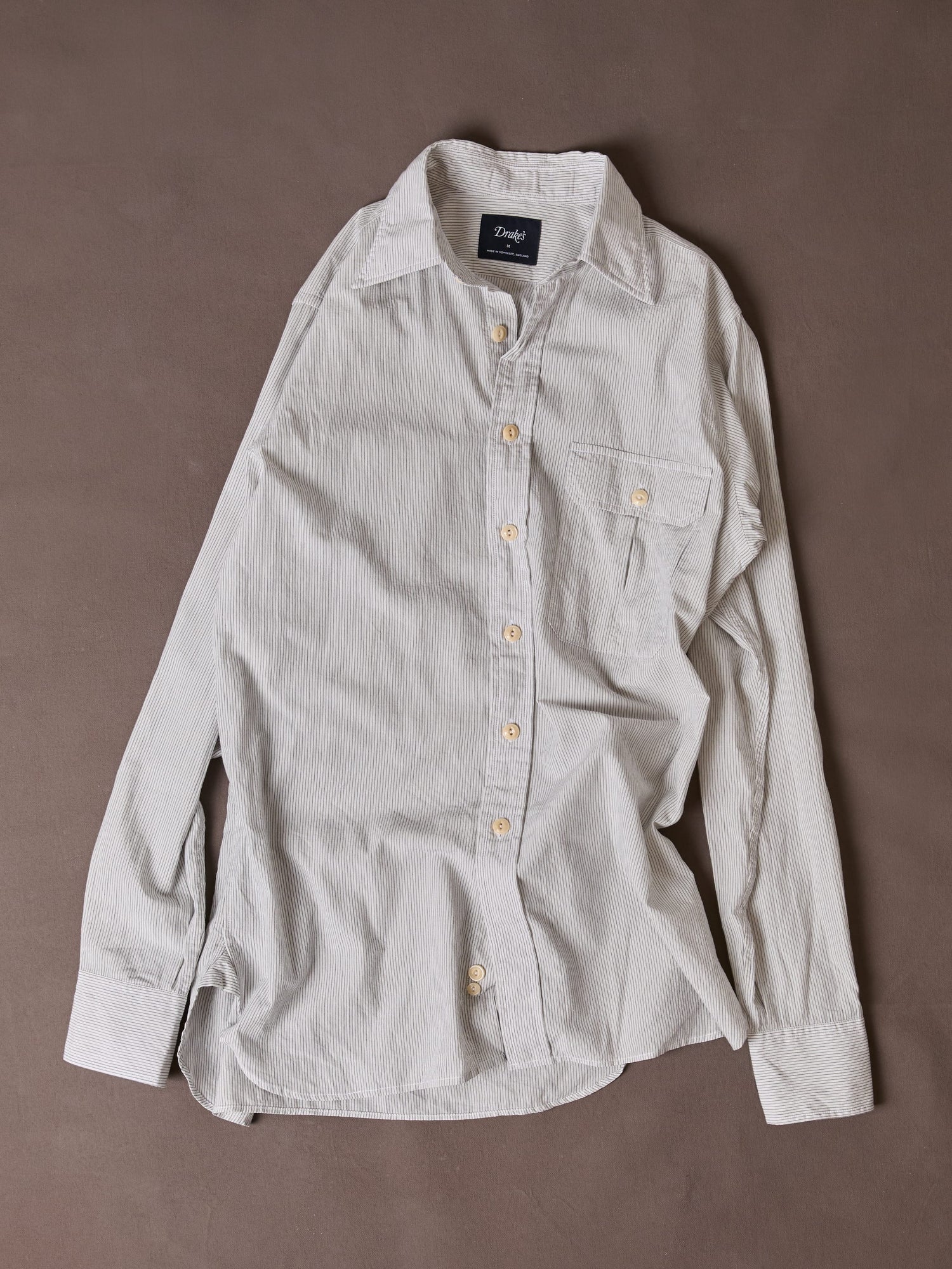 White and Navy Pinstripe Linen-Cotton Long Point Collar Shirt