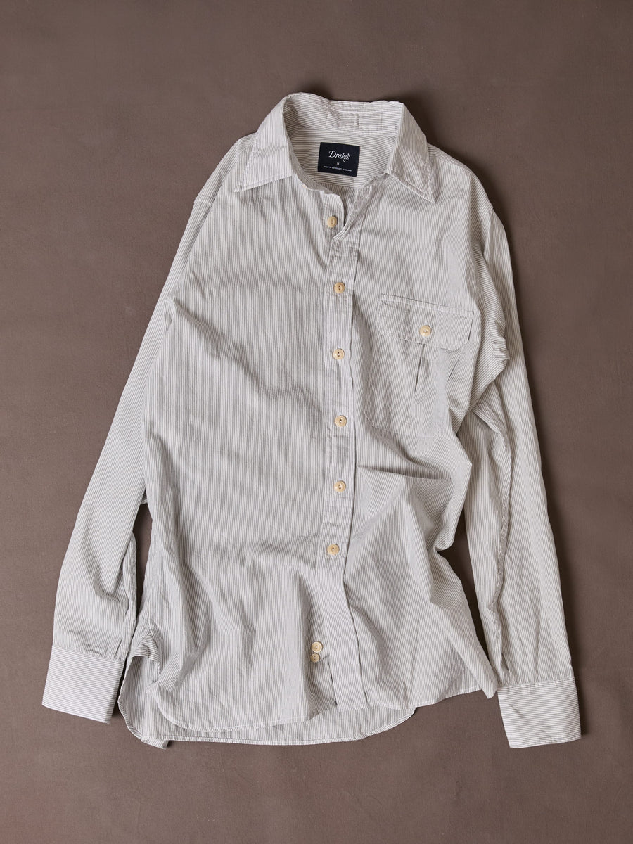 White and Navy Pinstripe Linen-Cotton Long Point Collar Shirt