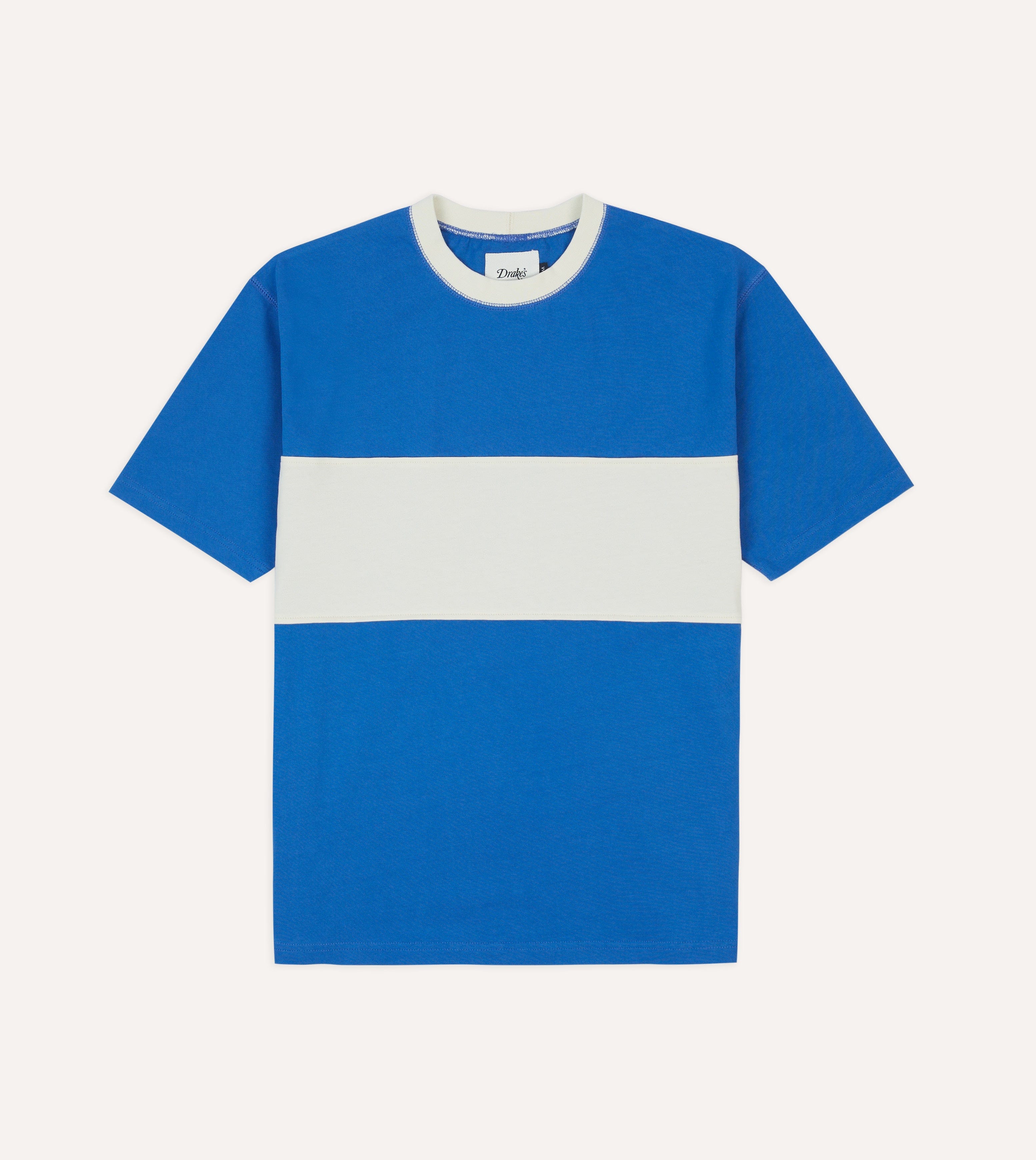Blue and Ecru Panel Stripe Cotton Crew Neck Hiking T-Shirt