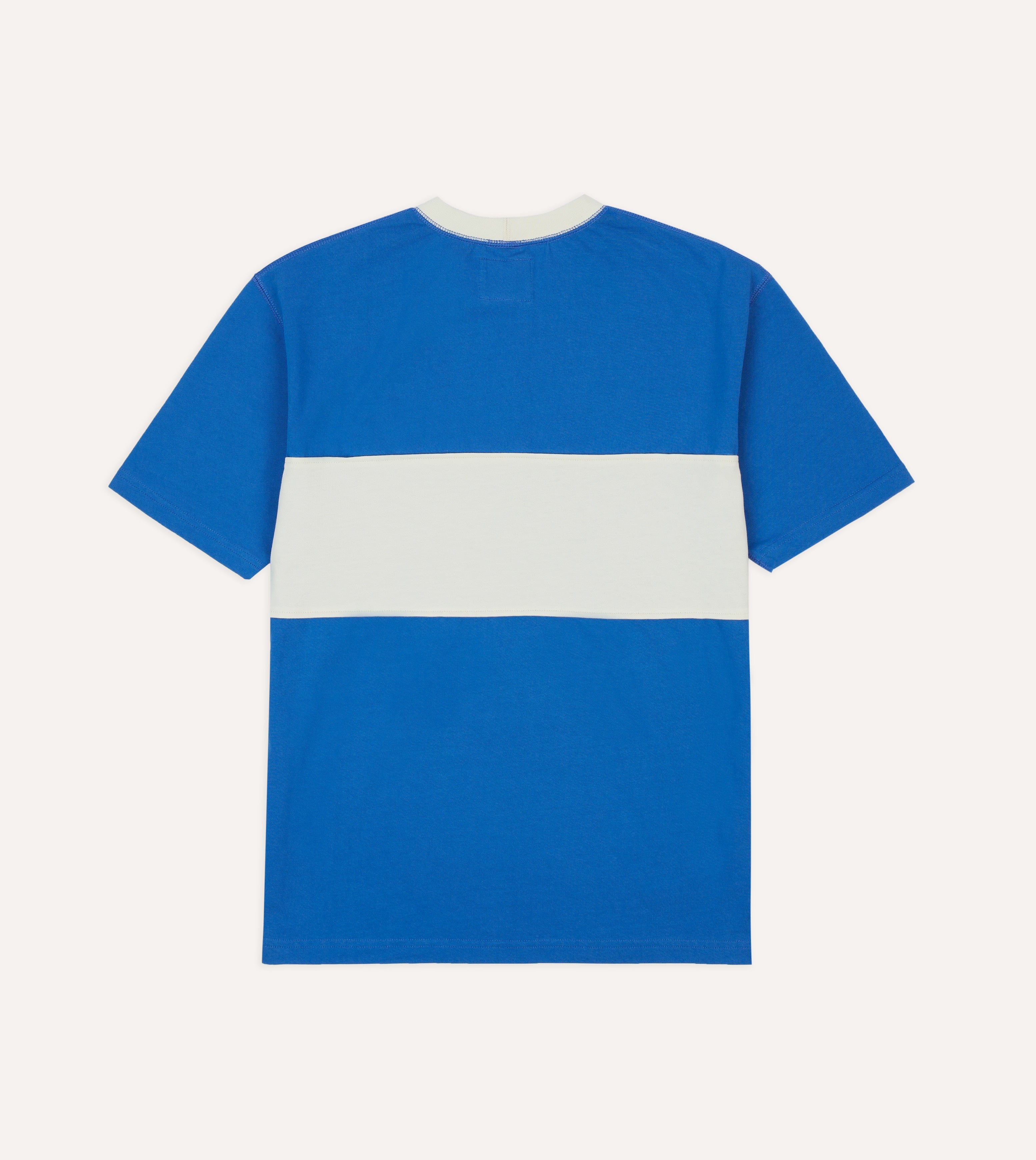 Blue and Ecru Panel Stripe Cotton Crew Neck Hiking T-Shirt