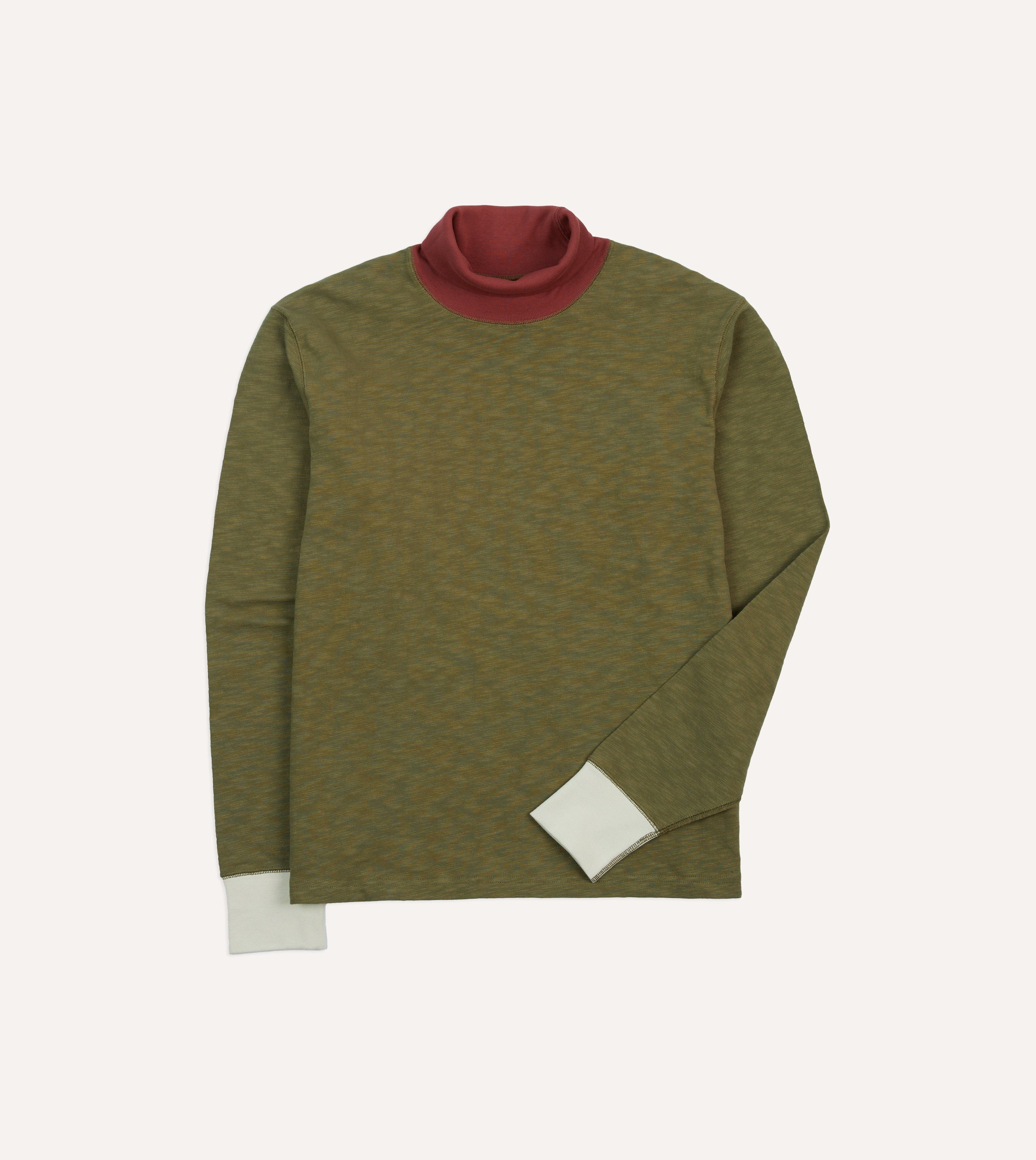Khaki Cotton Long-Sleeve Roll Neck Hiking T-Shirt