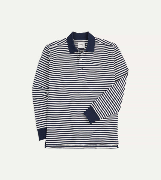 Navy and Drakes Long-Sleeve Knitted – Cotton Stripe Ecru Jersey Polo Shirt