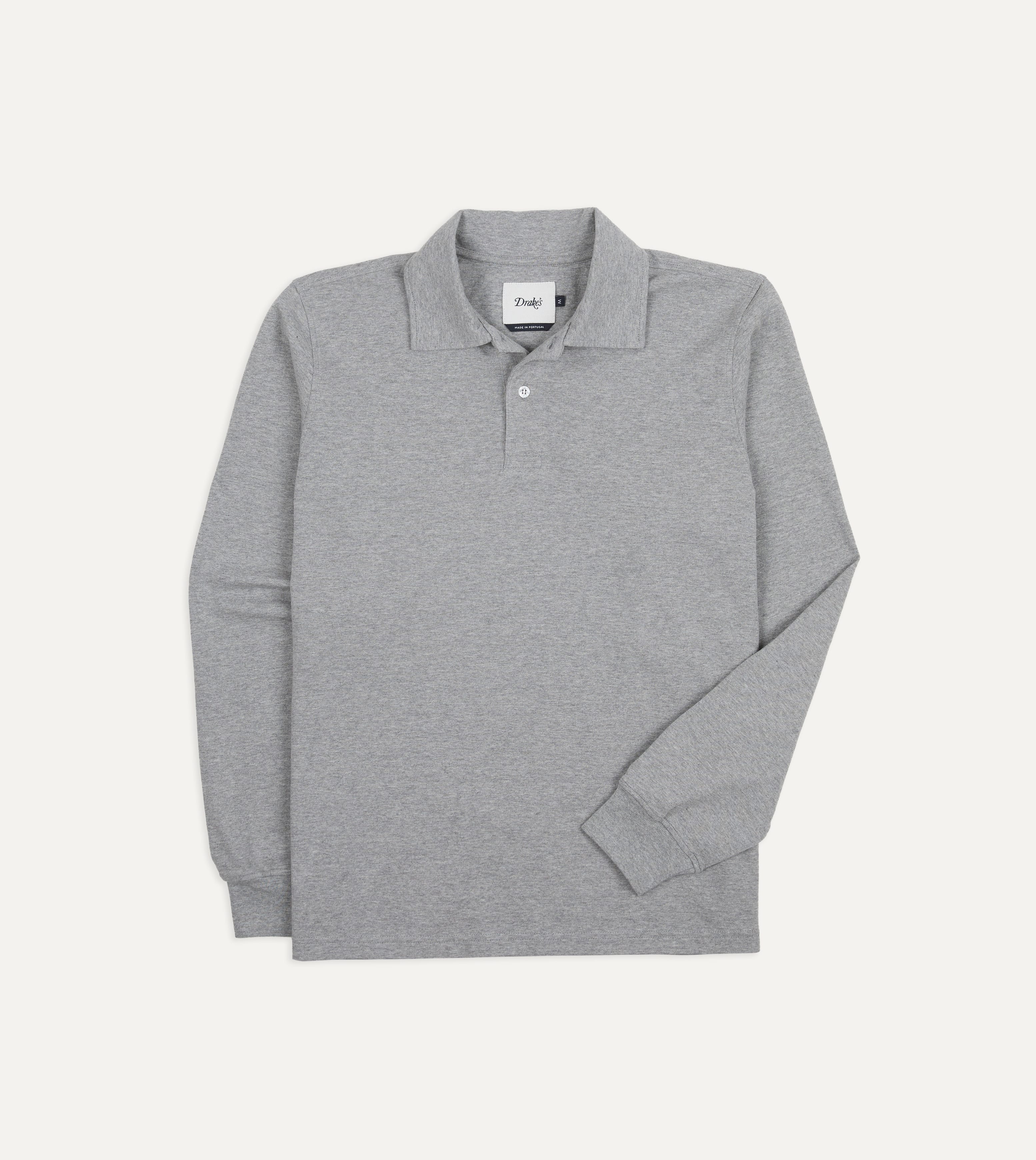 Grey Melange Cotton Jersey Long-Sleeve Polo Shirt