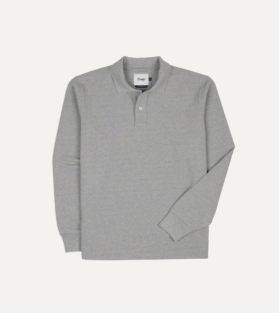 Grey Melange Pique Cotton Long-Sleeve Polo Shirt