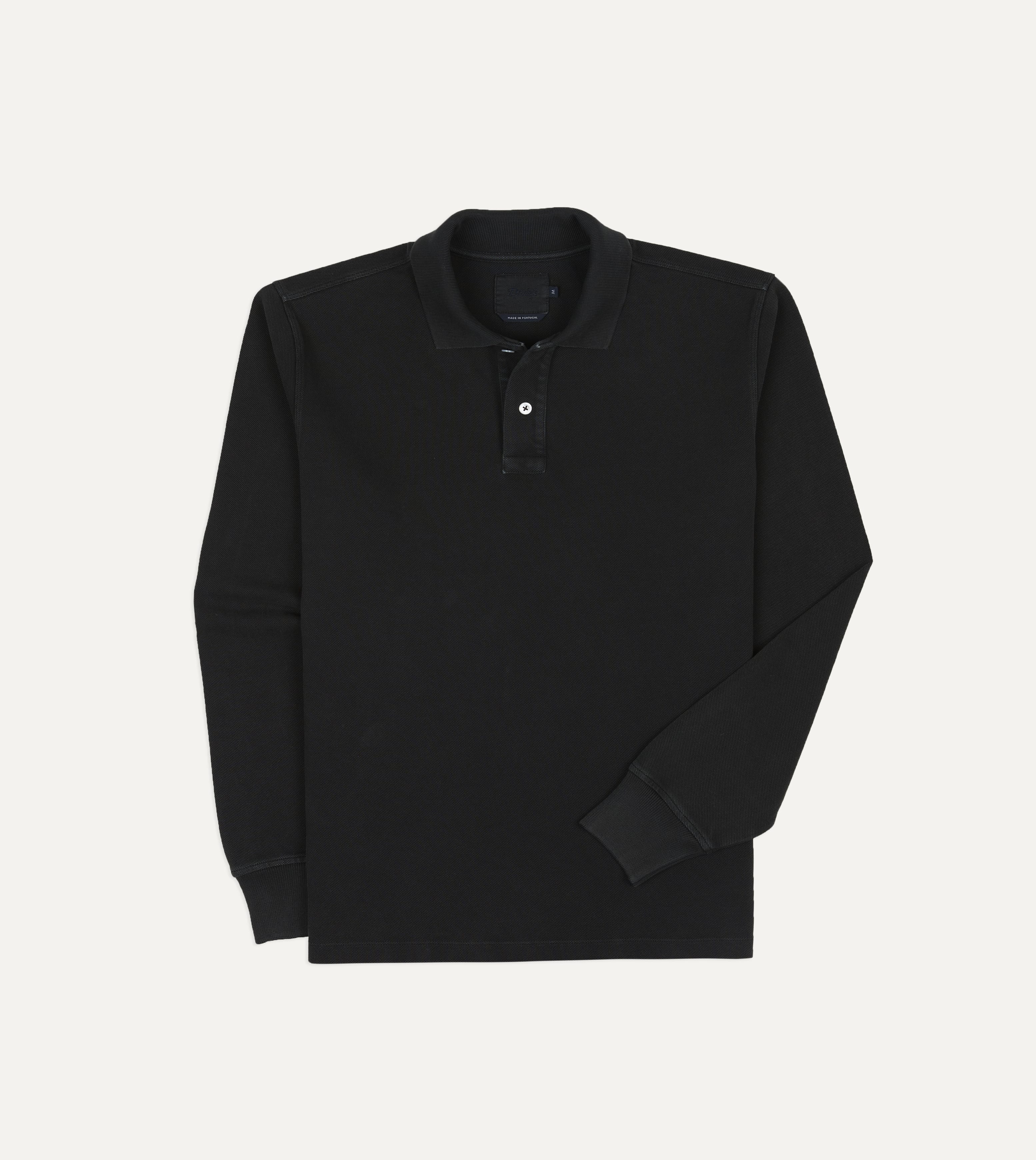 Black Pique Cotton Long-Sleeve Polo Shirt