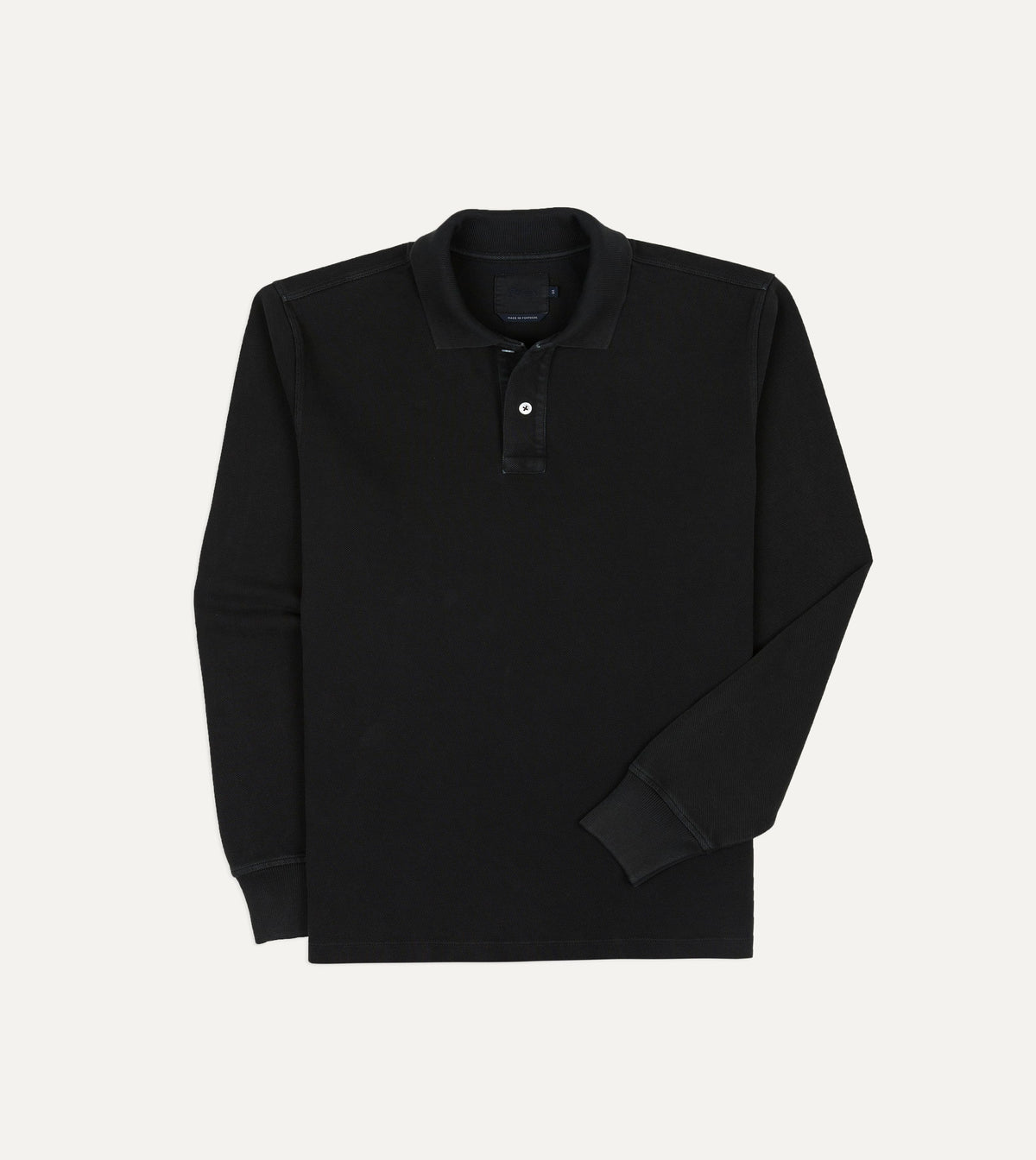 Black Pique Cotton Long-Sleeve Polo Shirt