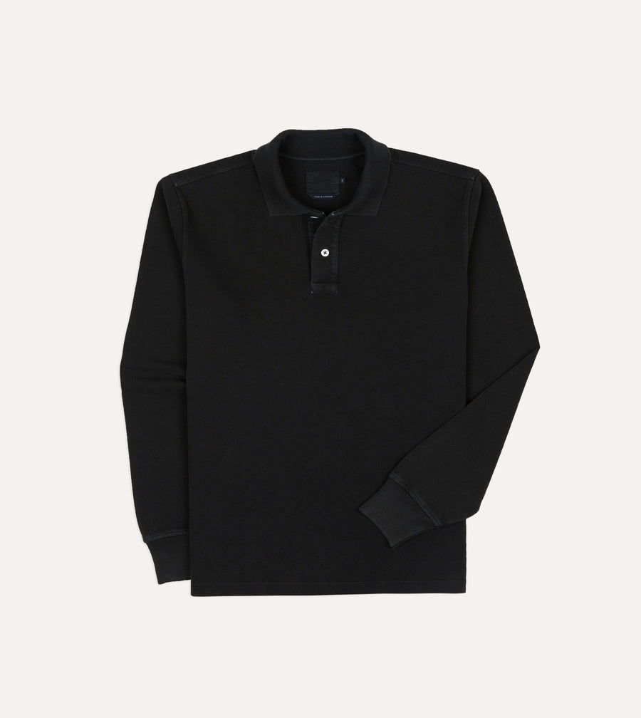 Black Pique Cotton Long-Sleeve Polo Shirt