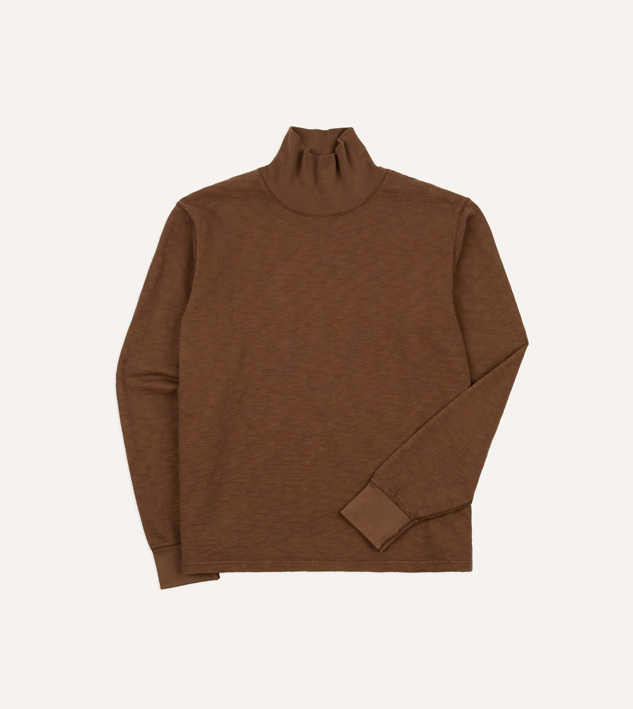 Brown Slub Cotton Long-Sleeve Mock Neck Hiking T-Shirt