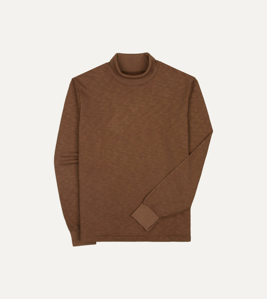 Brown Slub Cotton Long-Sleeve Mock Neck Hiking T-Shirt