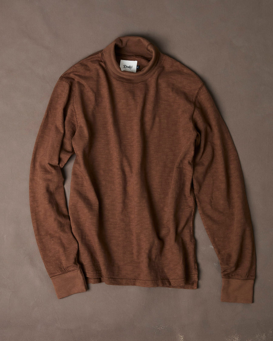 Brown Slub Cotton Long-Sleeve Mock Neck Hiking T-Shirt