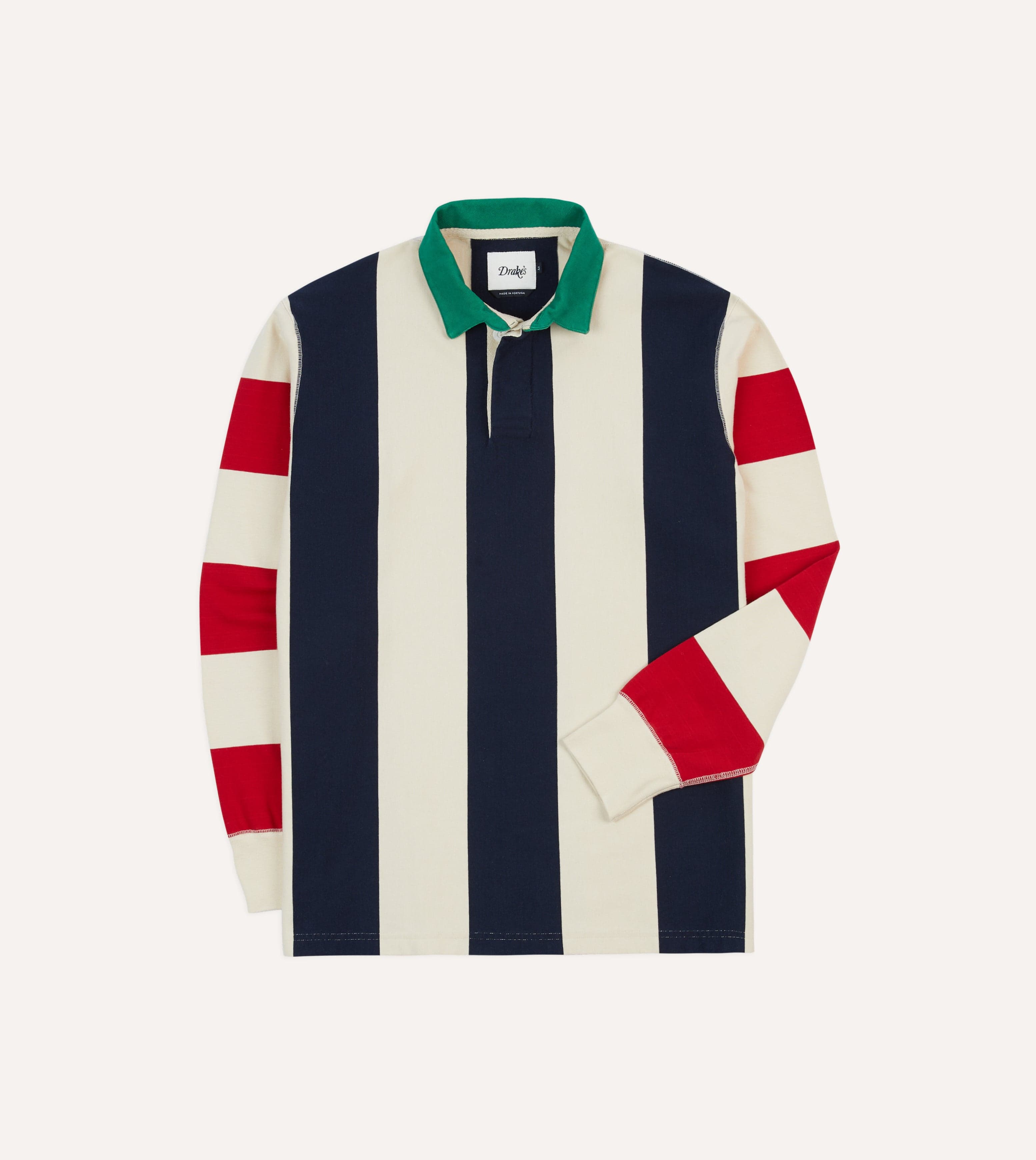 Navy, Red and Ecru Vertical Block Stripe Cotton Rugby Shirt