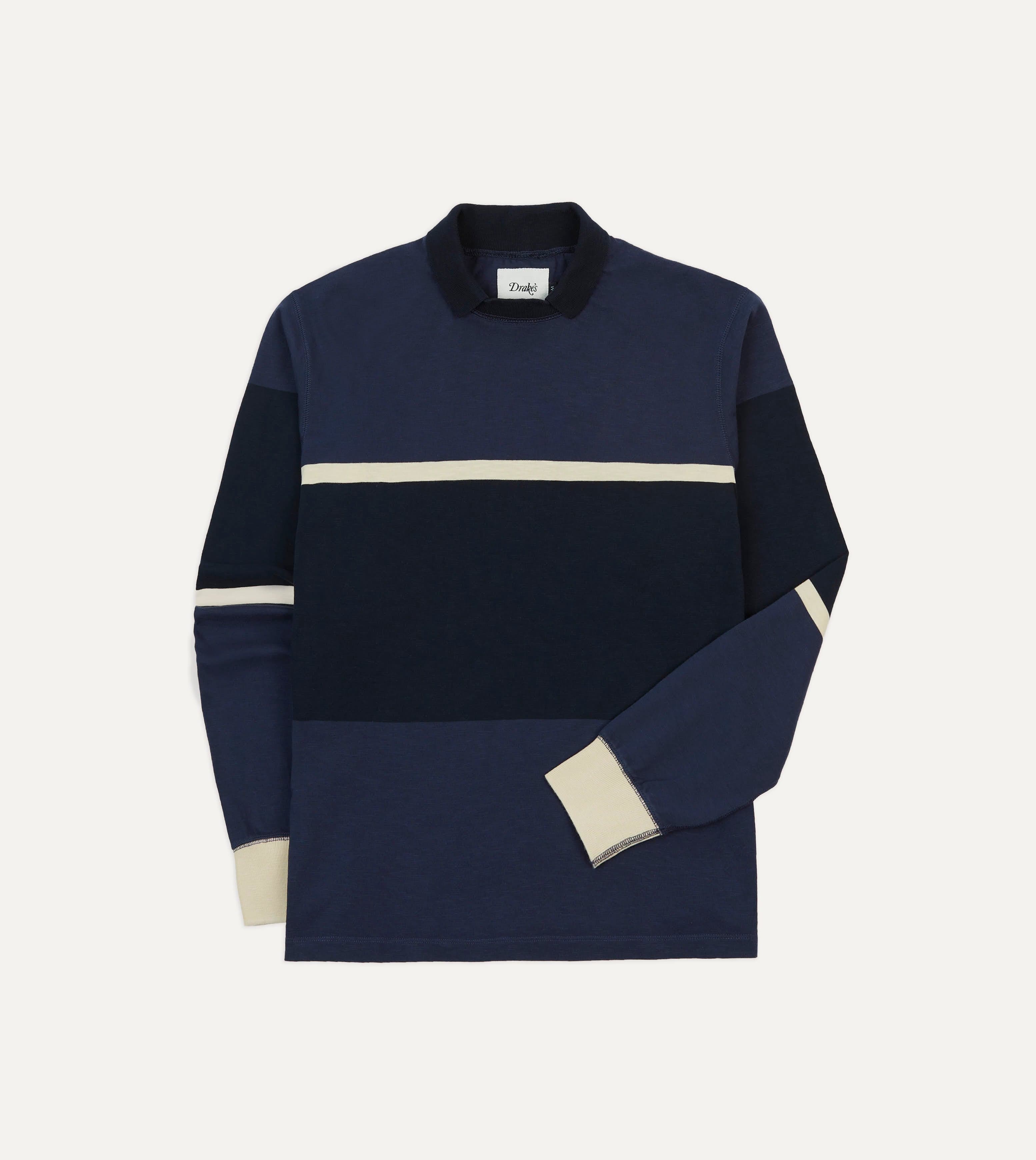 Navy and Ecru Stripe Mock Collar Long-Sleeve Jersey – Drakes