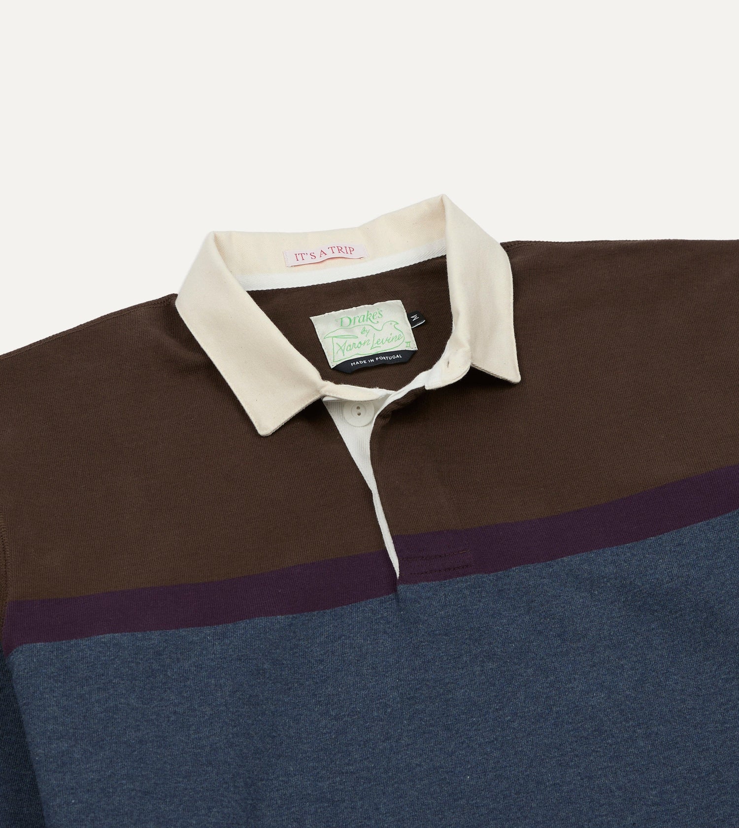 Drake's by A. Levine Brown and Blue Centre Stripe Cotton Rugby Shirt